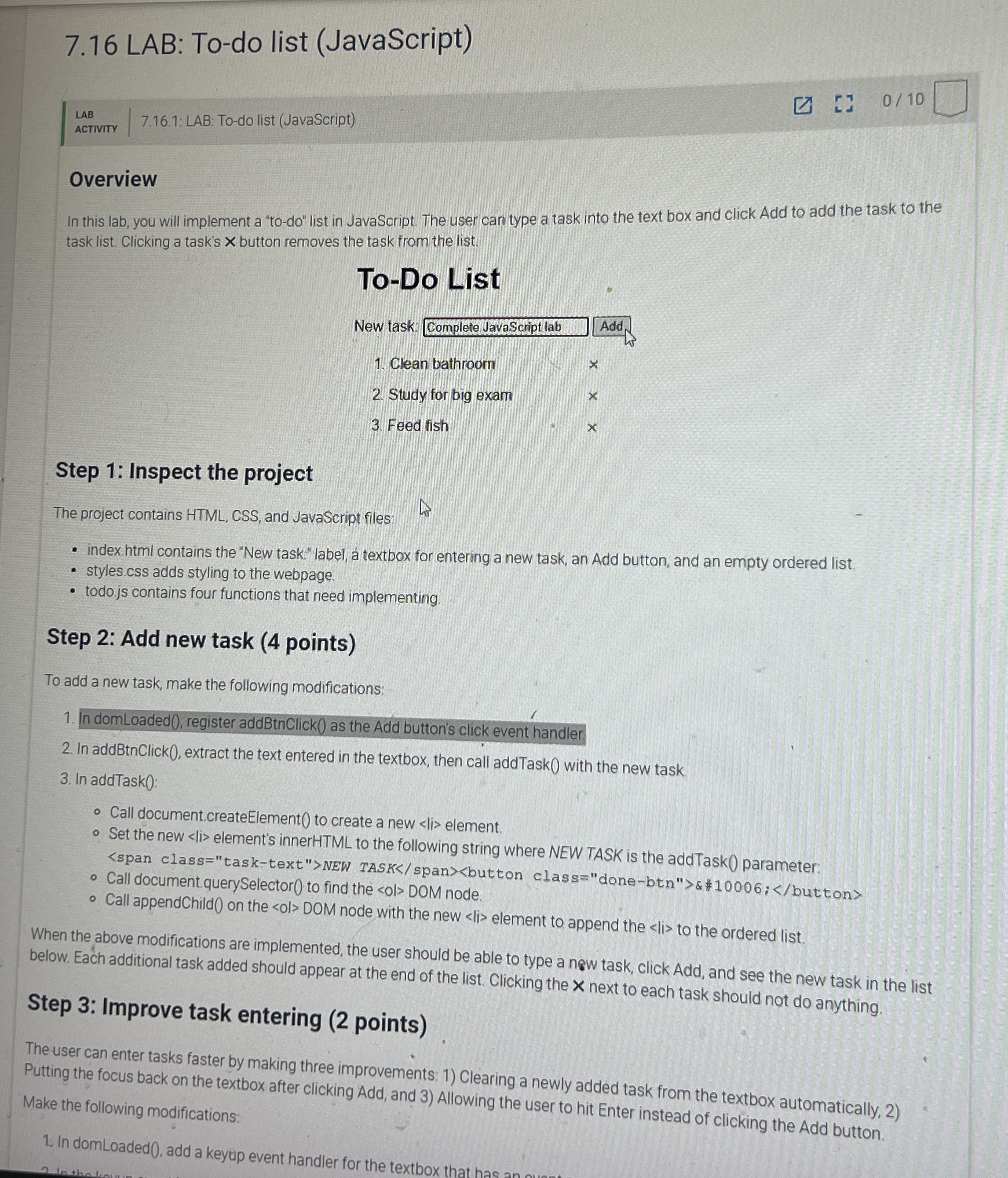 7 . 1 6 LAB: To - do list ( JavaScript ) LAB
