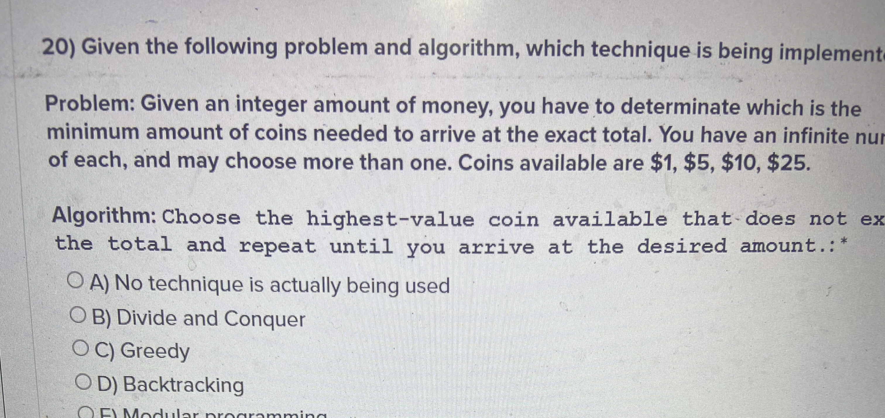 Given the following problem and algorithm, which