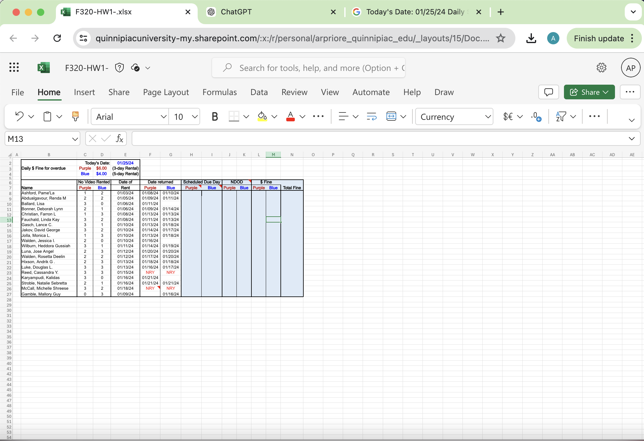 F 3 2 0 - HW 1 - . xlsx ChatGPT Today's Date: 0 1