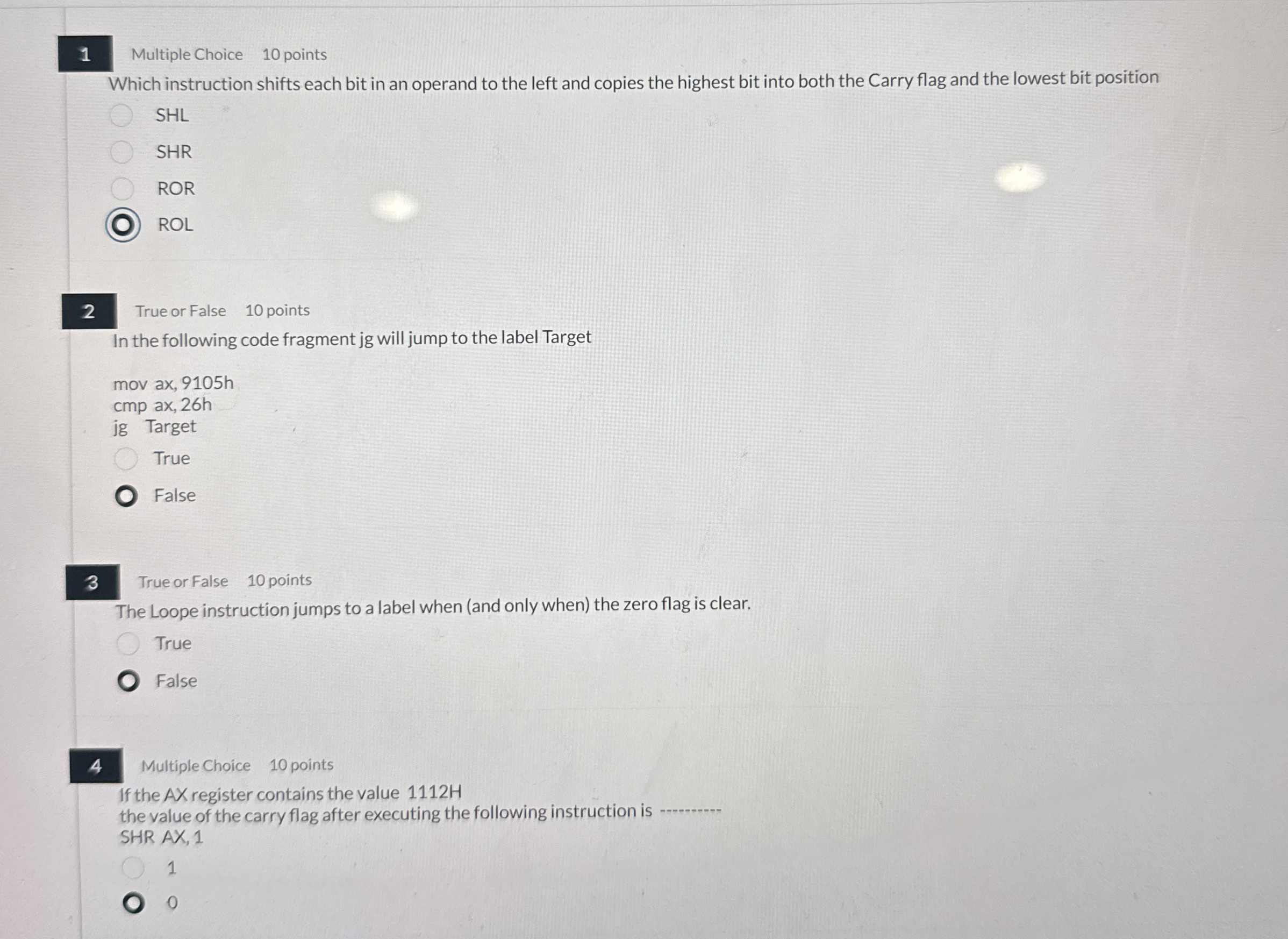 1 Multiple Choice 1 0 points Which instruction