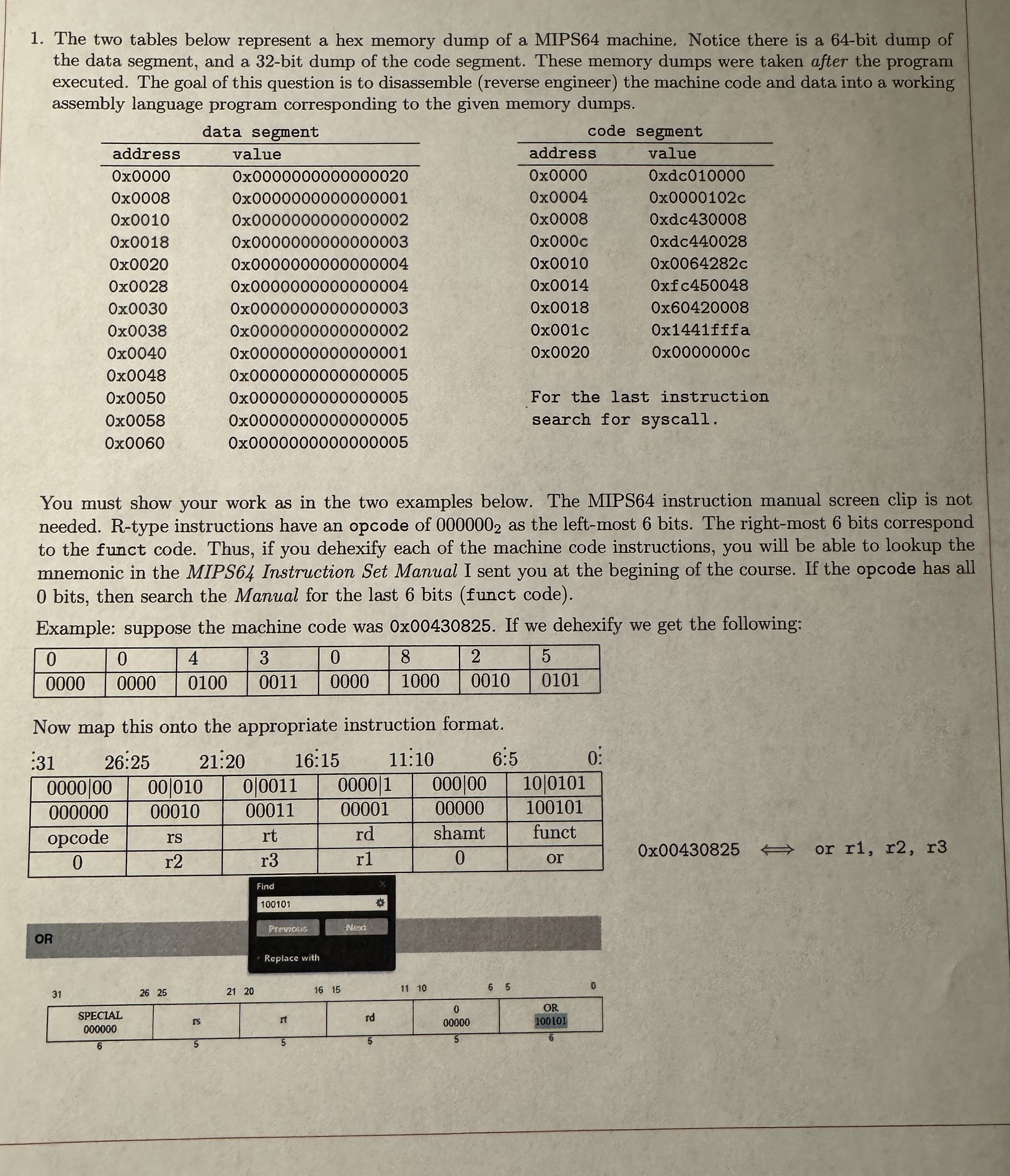 The two tables below represent a hex memory dump
