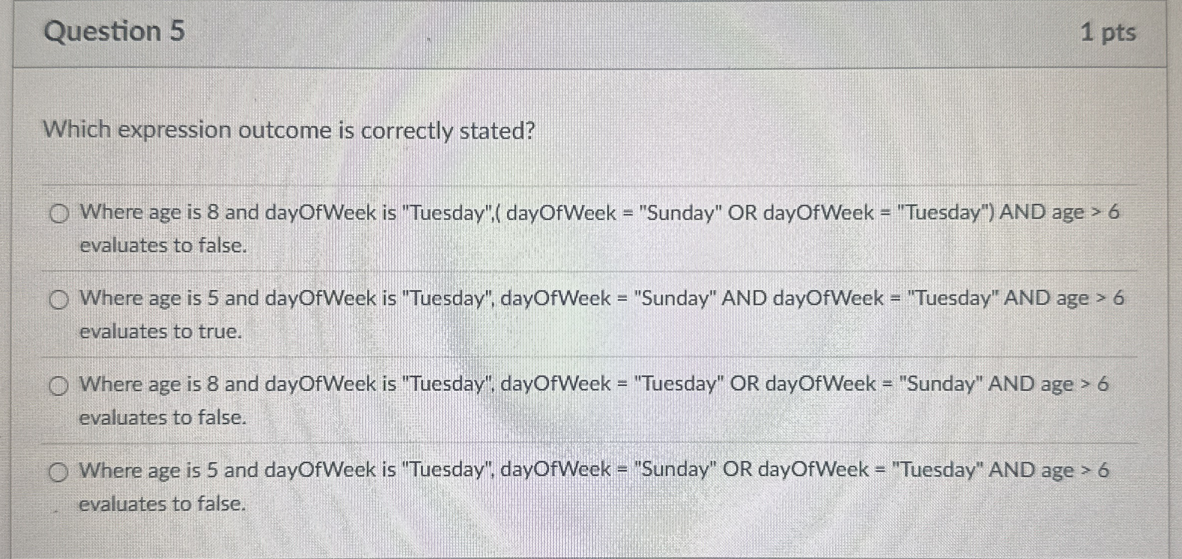 Question 5 1 pts Which expression outcome is