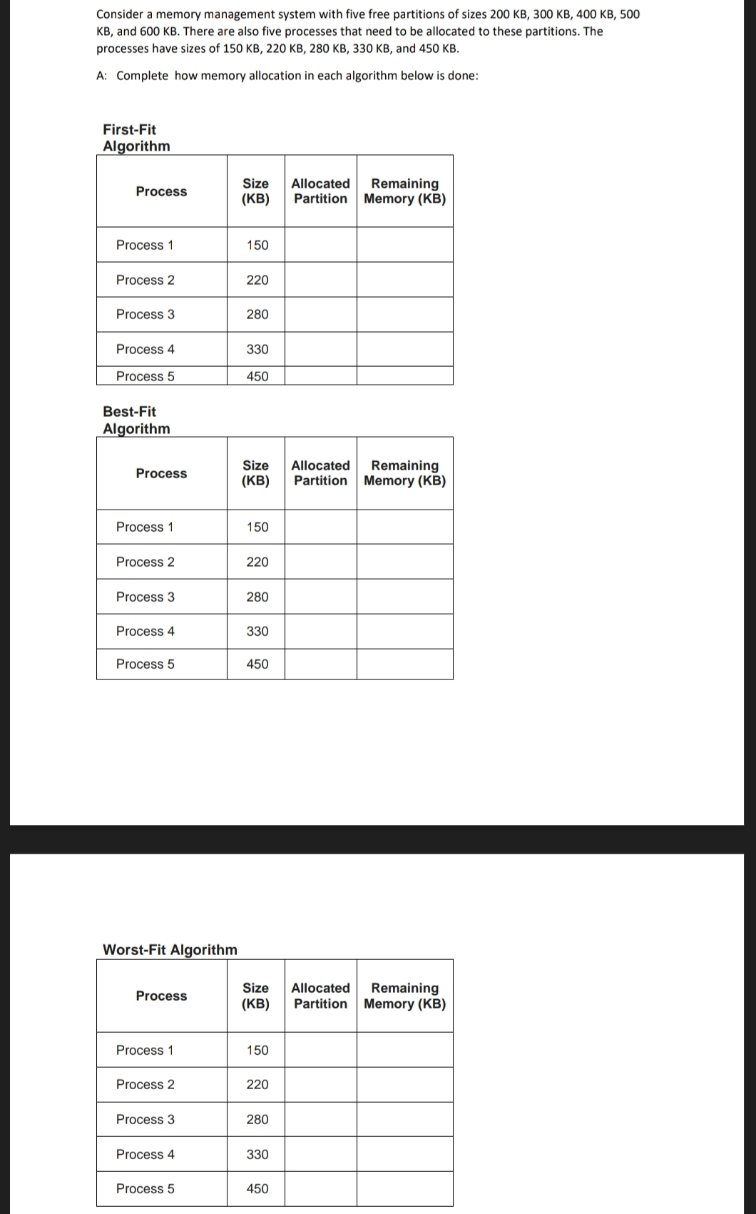 Consider a memory management system with five