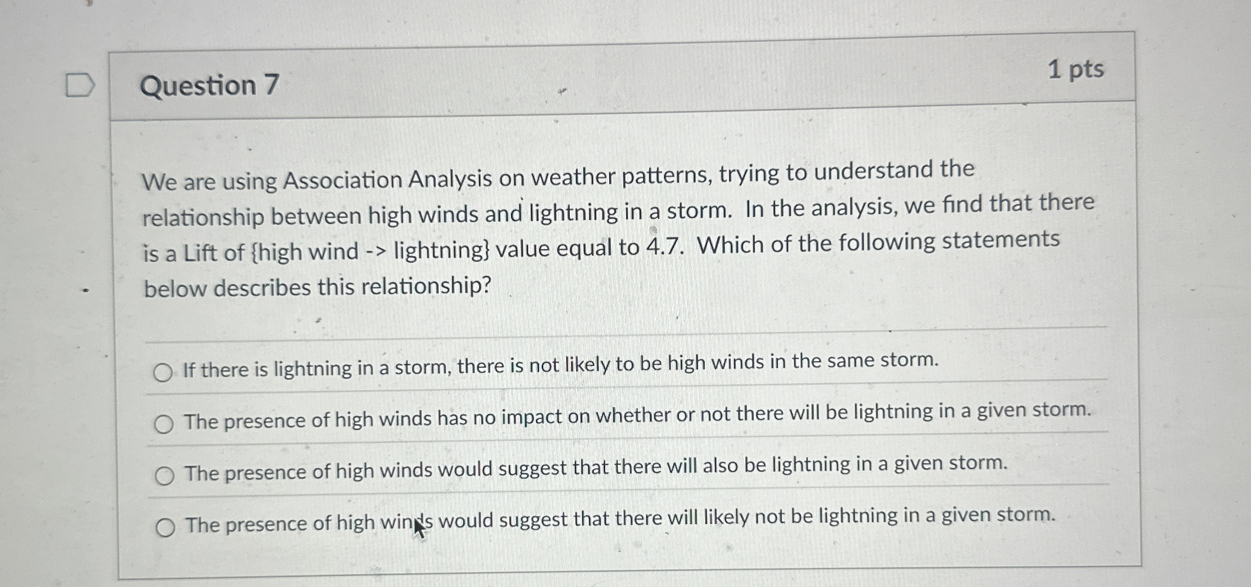 Question 7 1 pts We are using Association