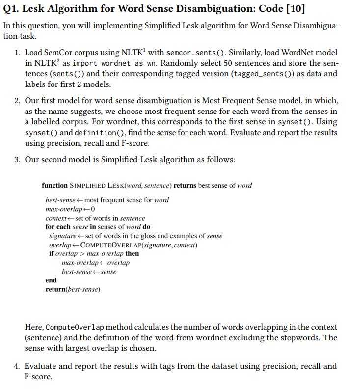 Q 1 . Lesk Algorithm for Word Sense