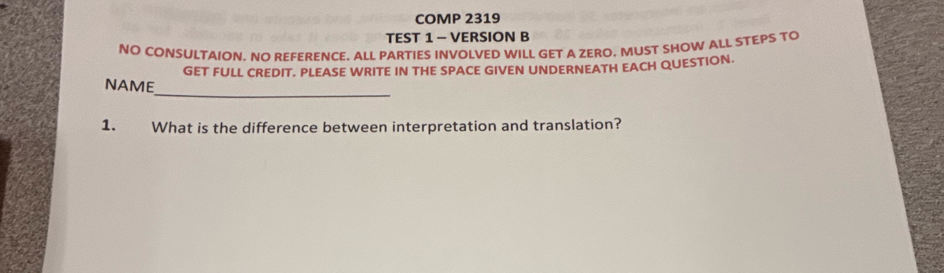 COMP 2 3 1 9 TEST 1 - VERSION B NO CONSULTAION.