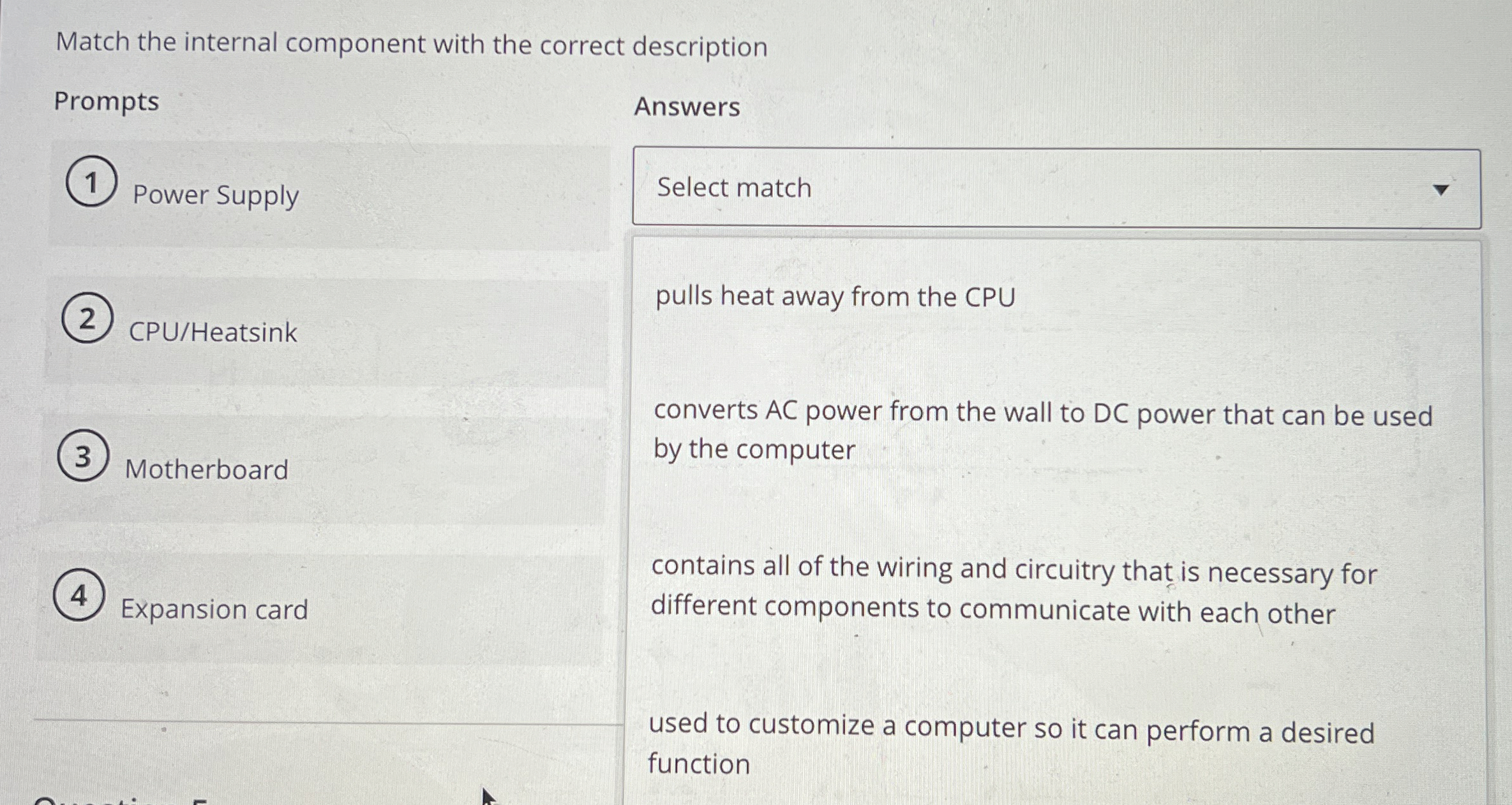 Match the internal component with the correct