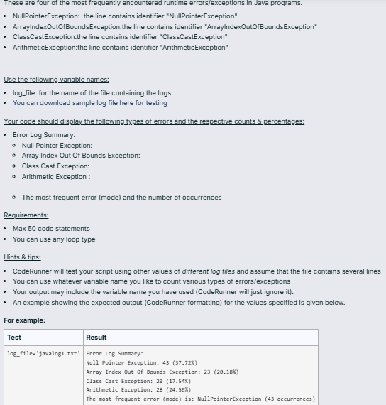 Write a script to read error logs of Java
