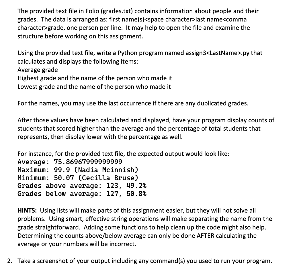 The provided text file in Folio ( grades . txt )