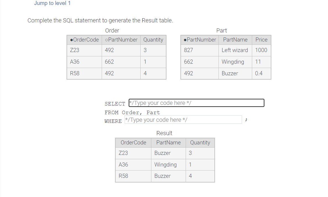 Complete the SQL statement to generate the Result