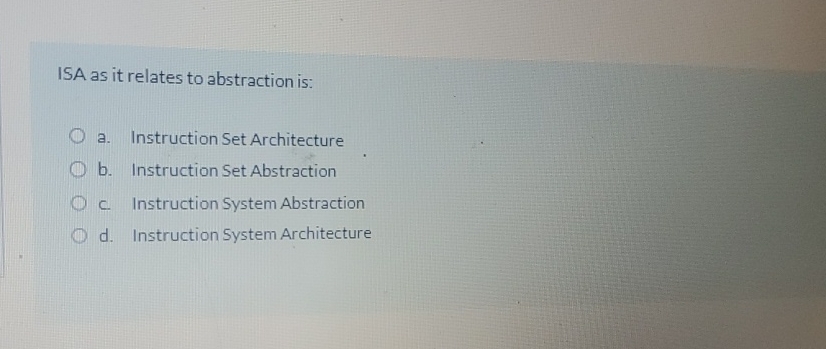 ISA as it relates to abstraction is: a .