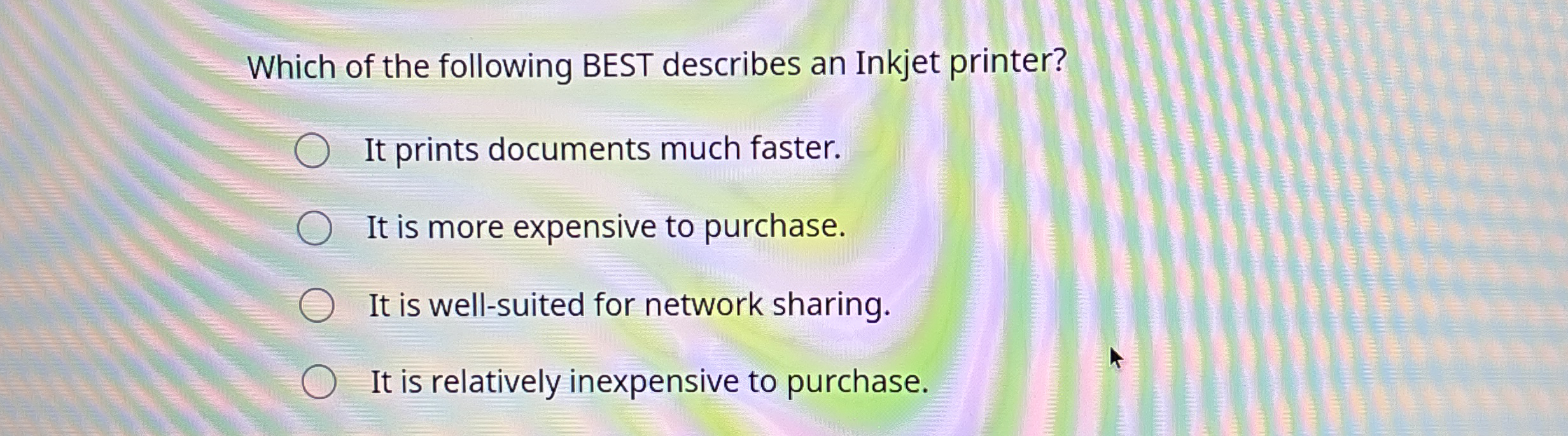 Which of the following BEST describes an Inkjet