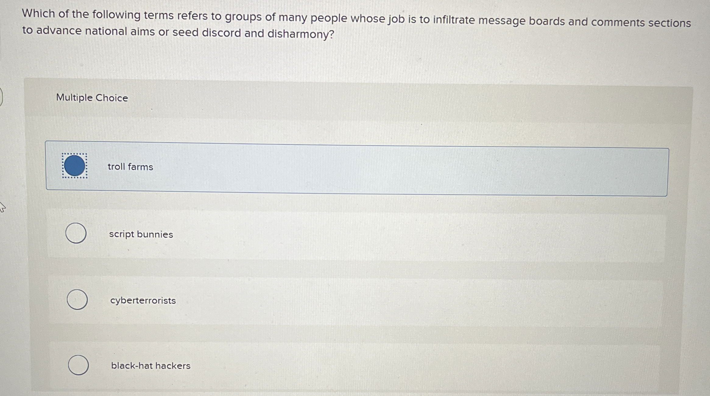 Which of the following terms refers to groups of