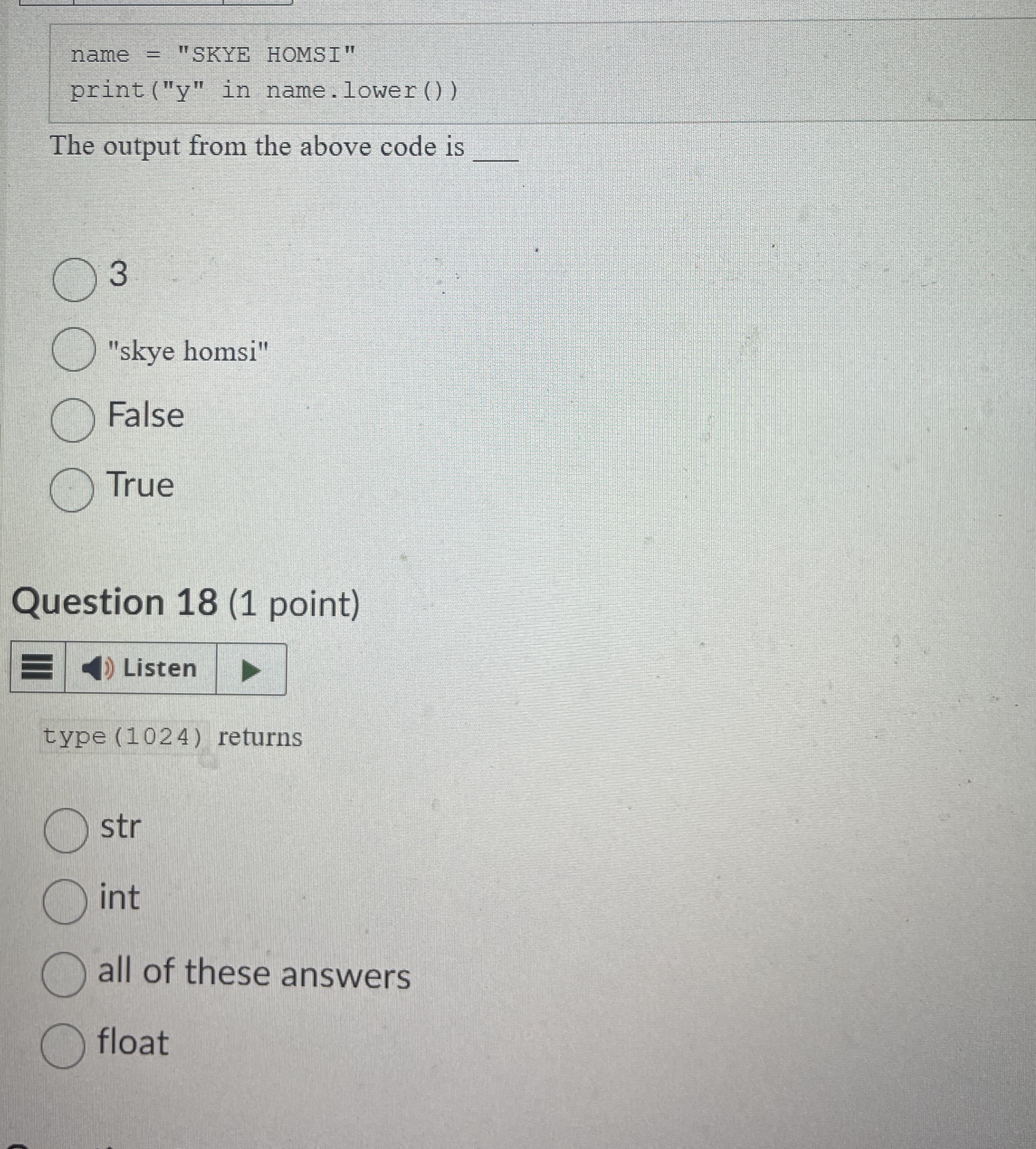 name = SKYEHOMSI print ( y i n name. lower ( ) )
