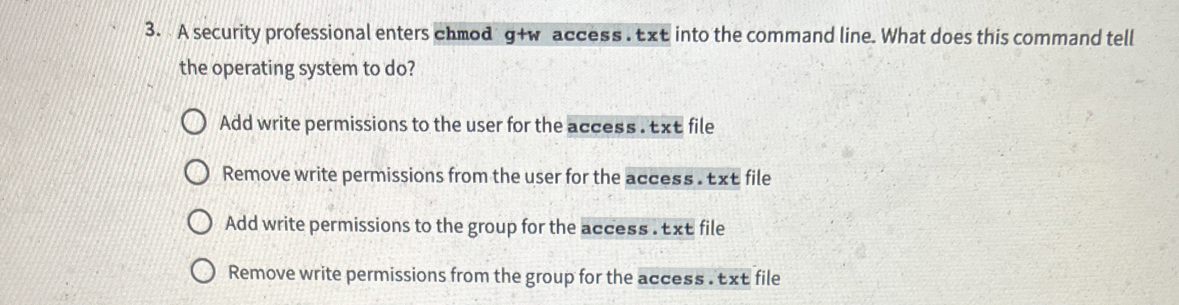A security professional enters chmod gtw access.