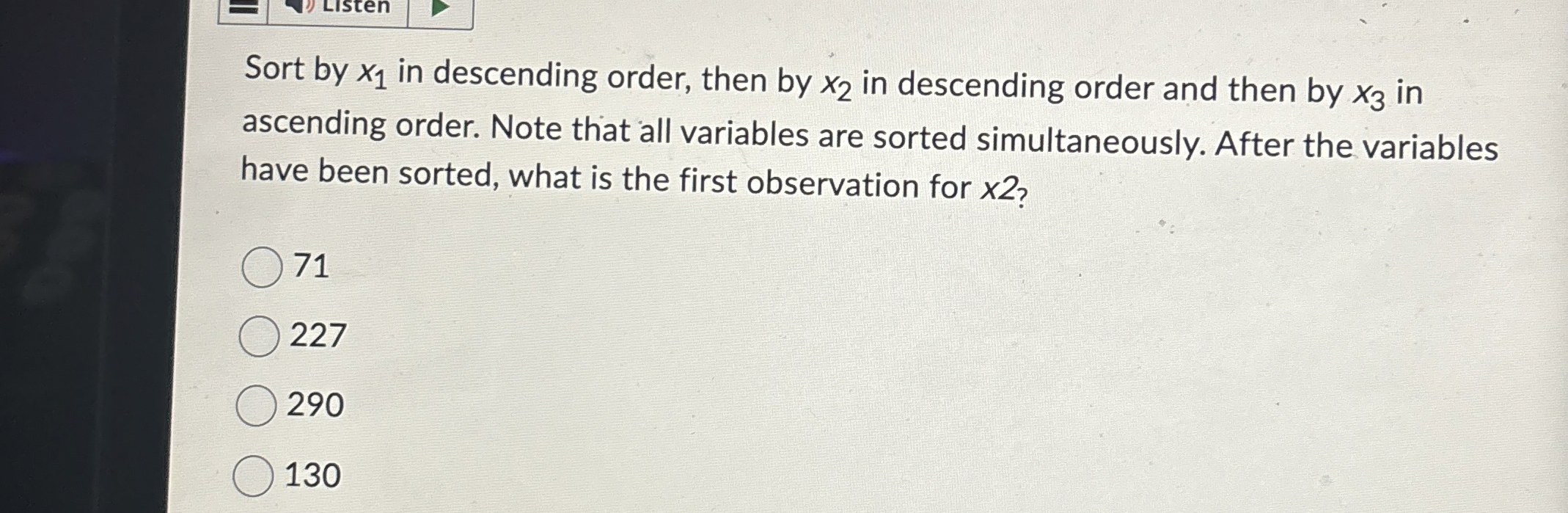 Sort by x 1 in descending order, then by x 2 in