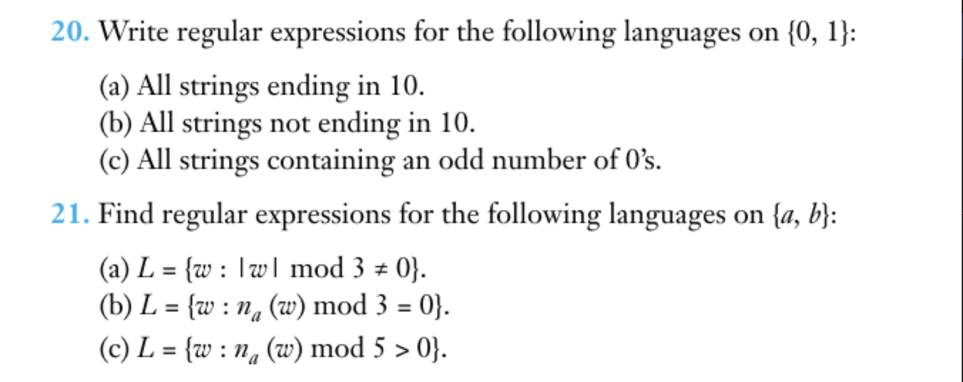 Write regular expressions for the following