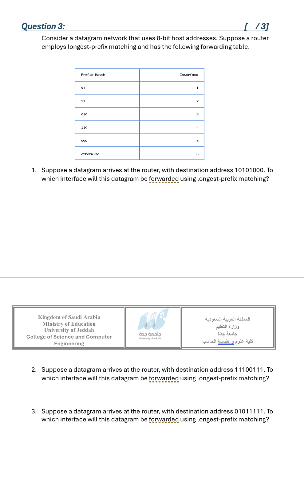 Question 3 : [ / 3 ] Consider a datagram network