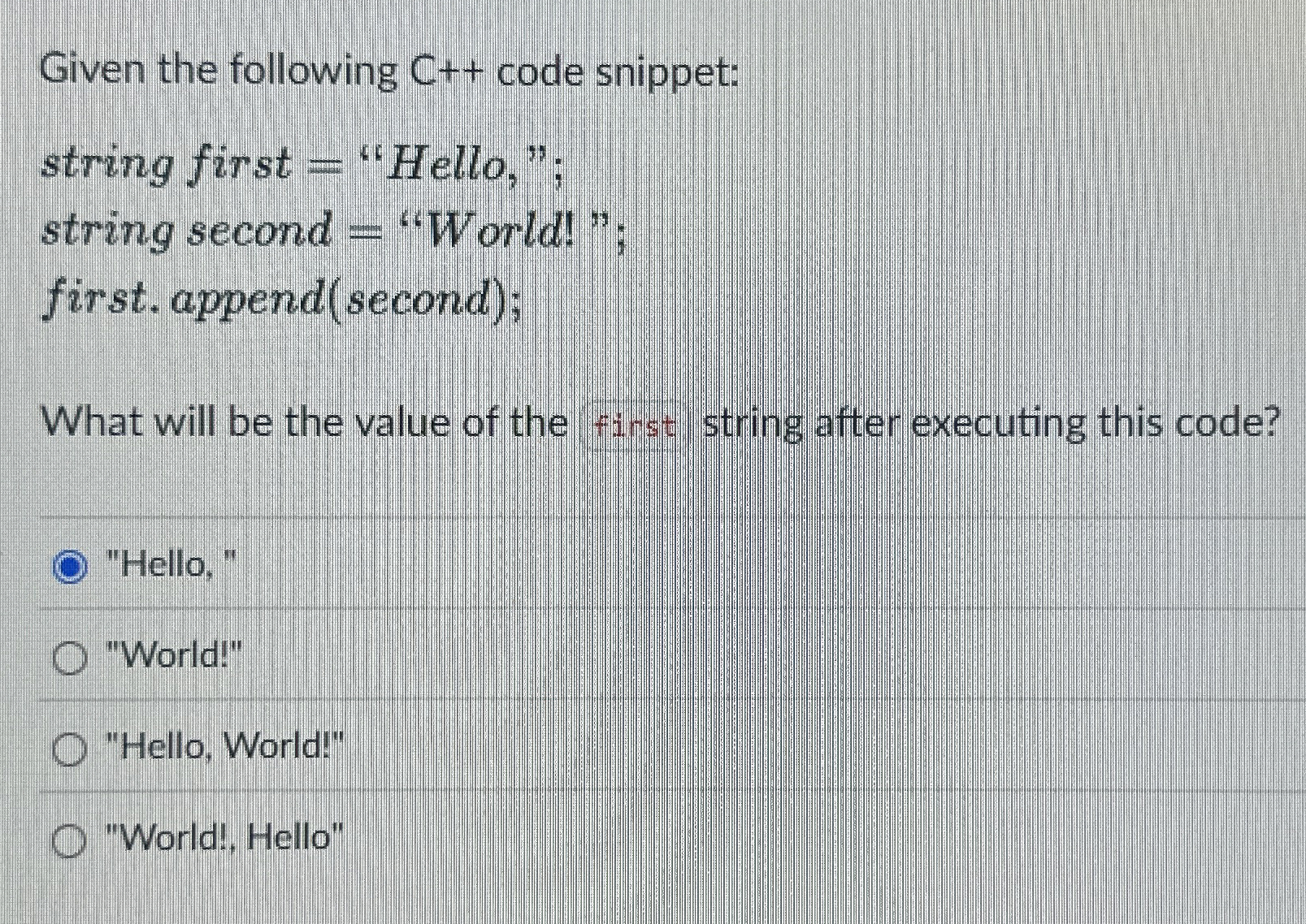 Given the following C + + code snippet: string