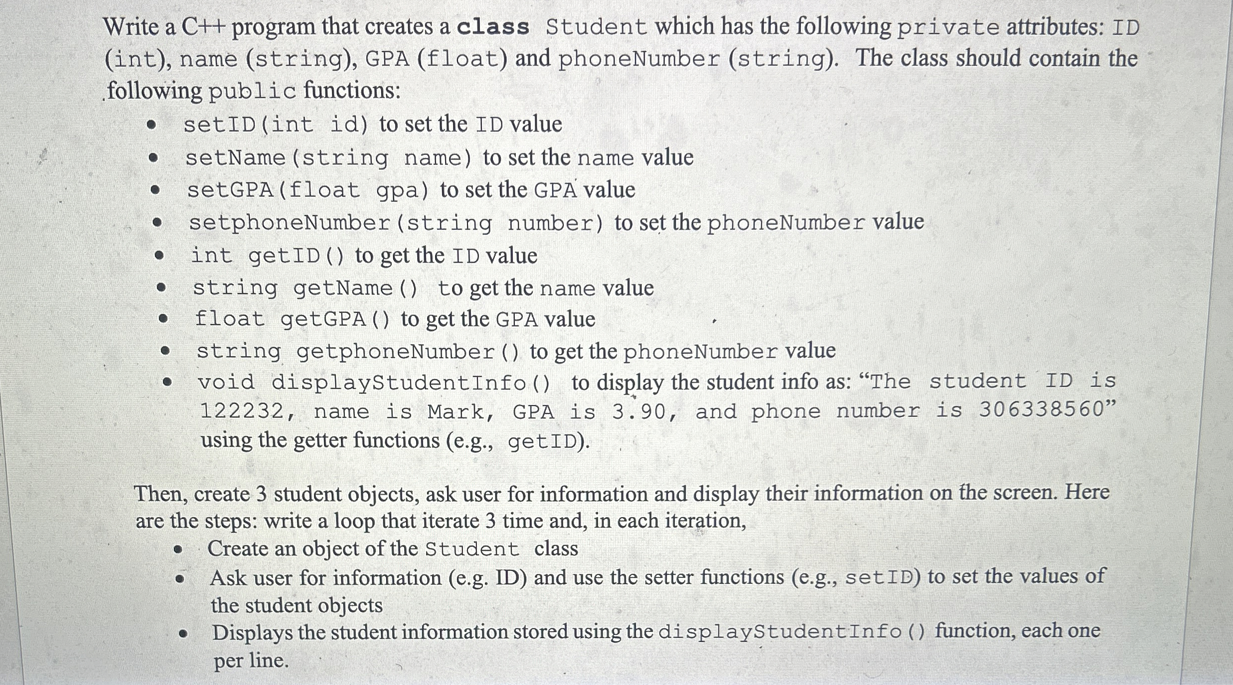 Write a C + + program that creates a class