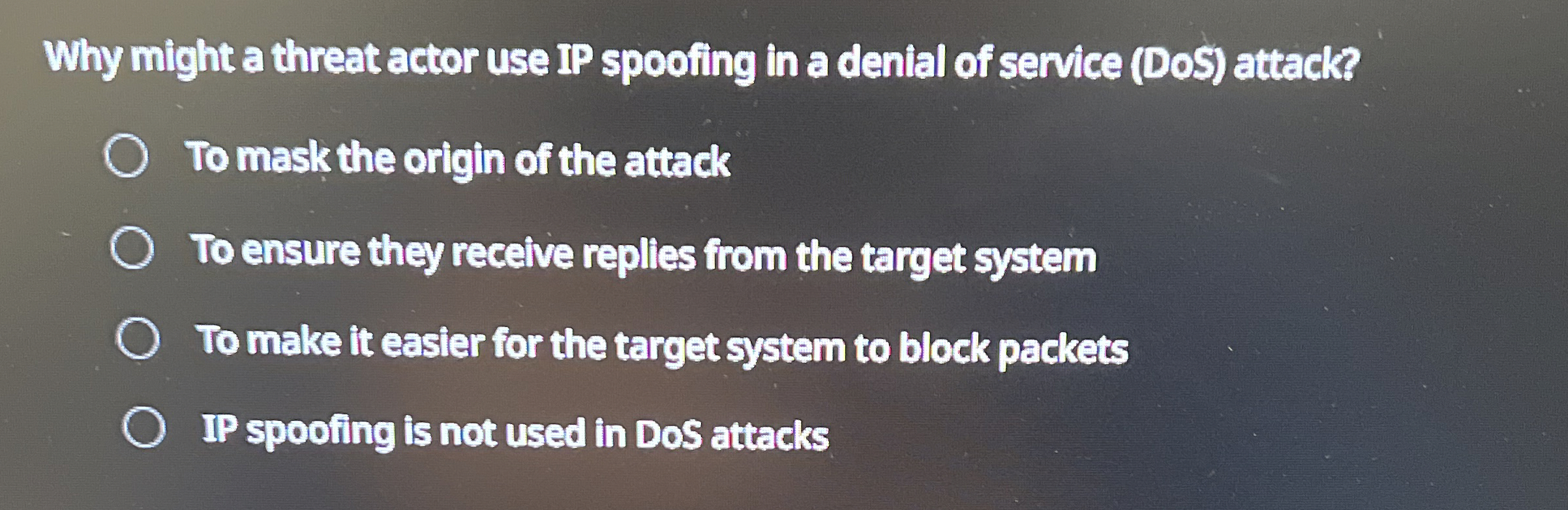 Why might a threat actor use IP spoofing in a