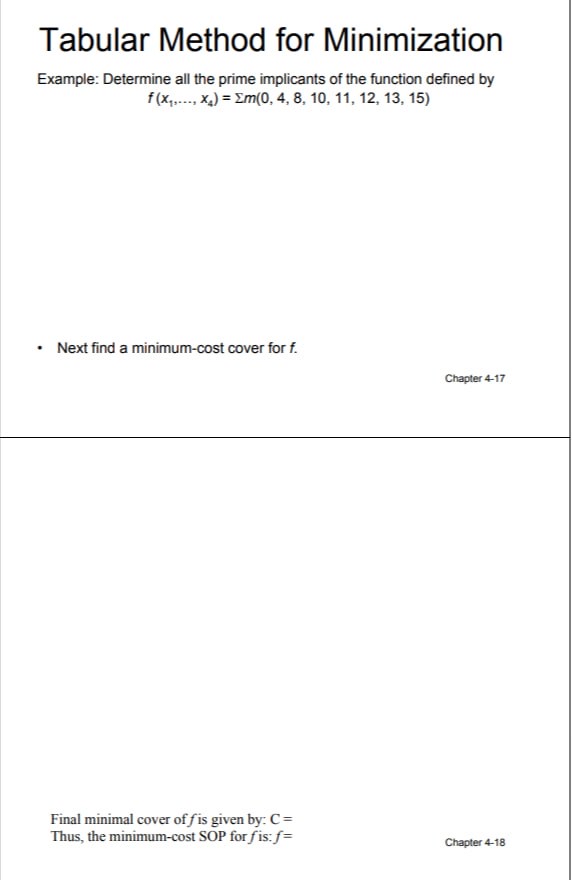 Tabular Method for Minimization Example: