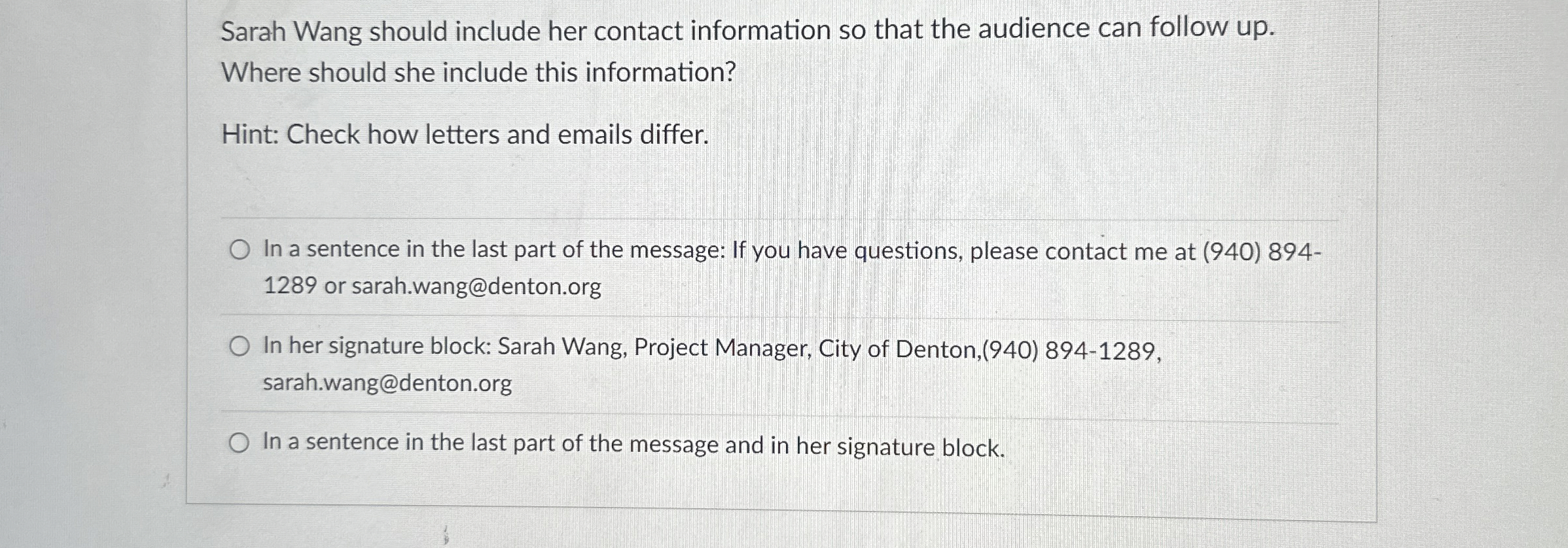 Sarah Wang should include her contact information