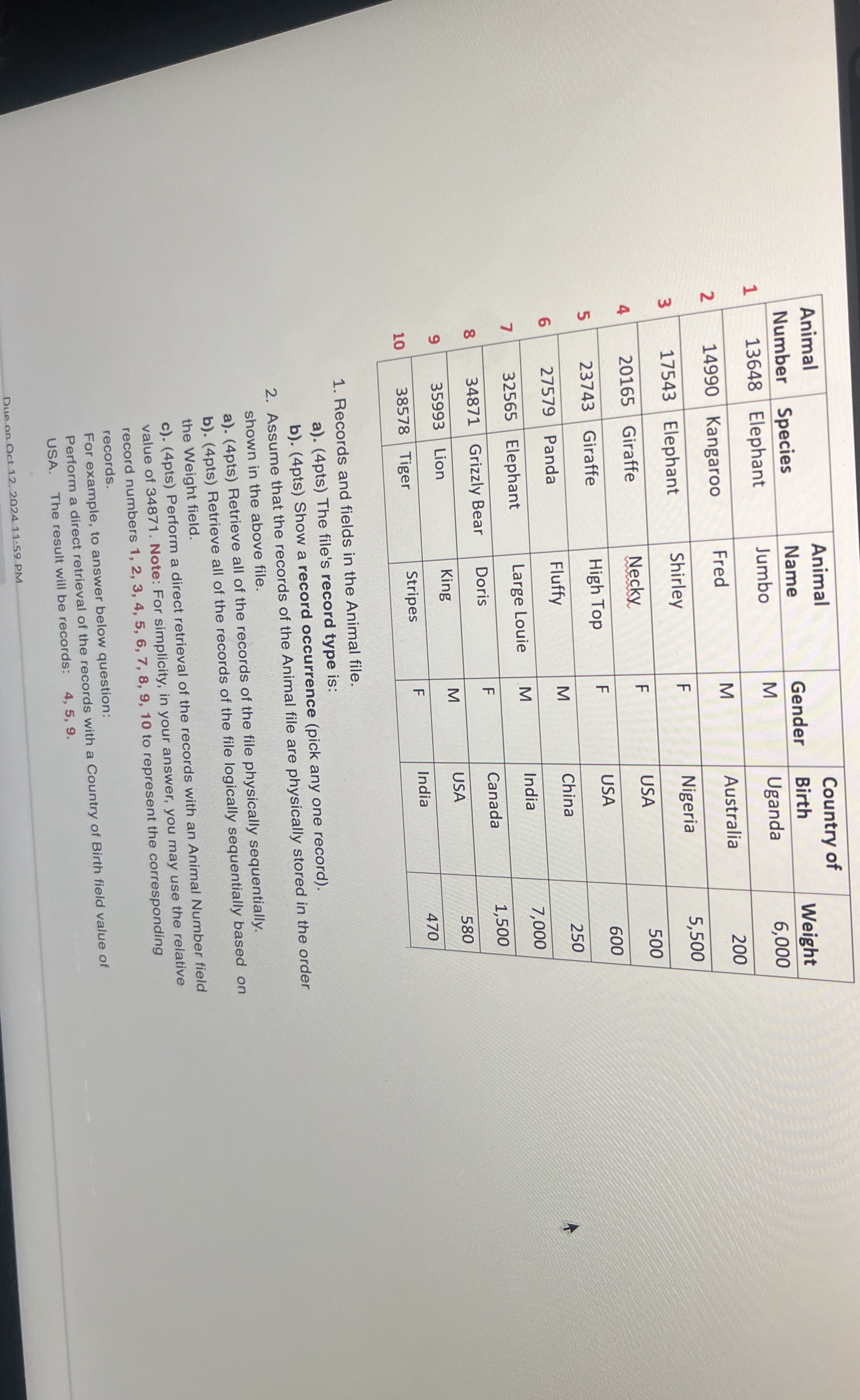 Records and fields in the Animal file. a ) . ( 4