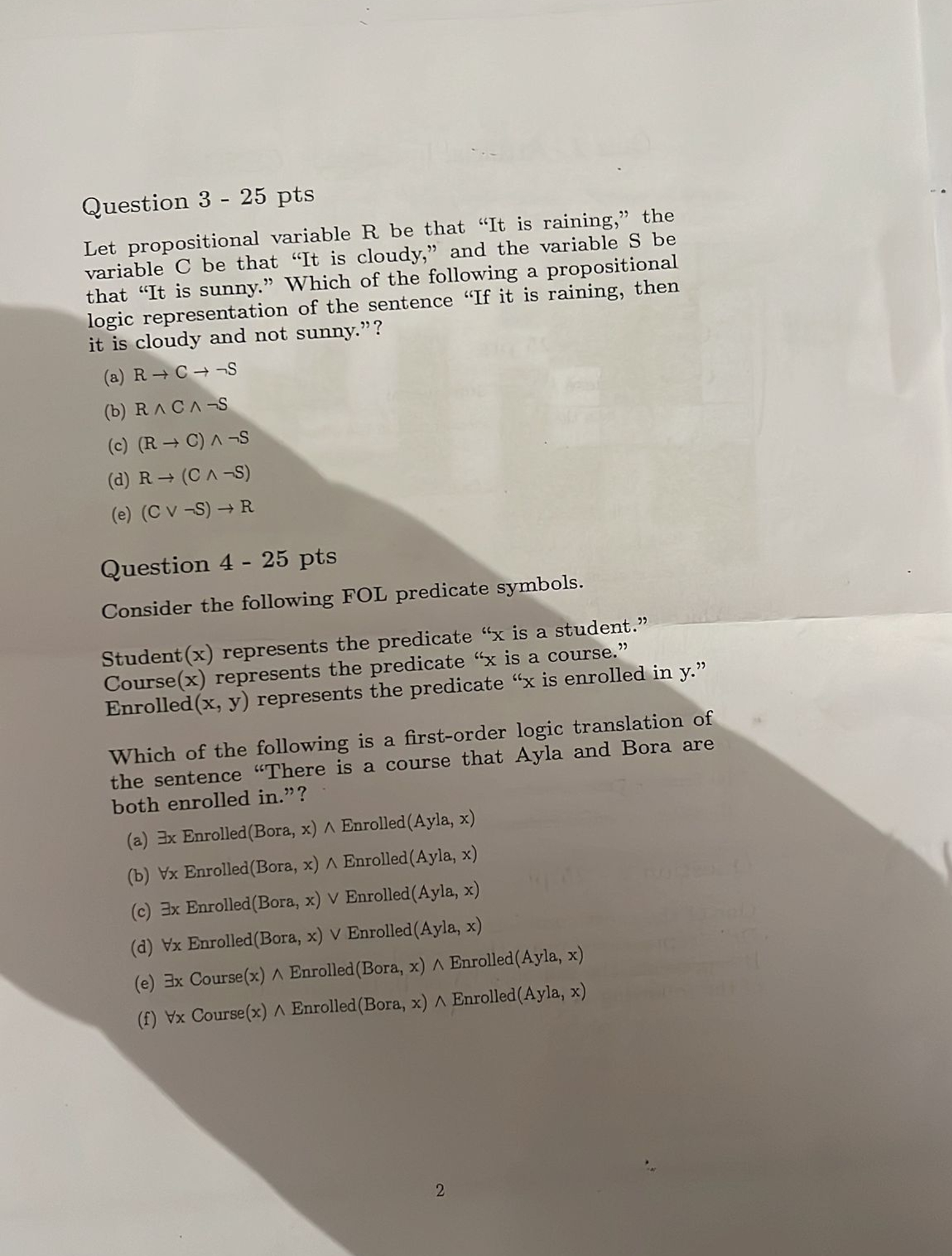 Question 3 - 2 5 pts Let propositional variable R