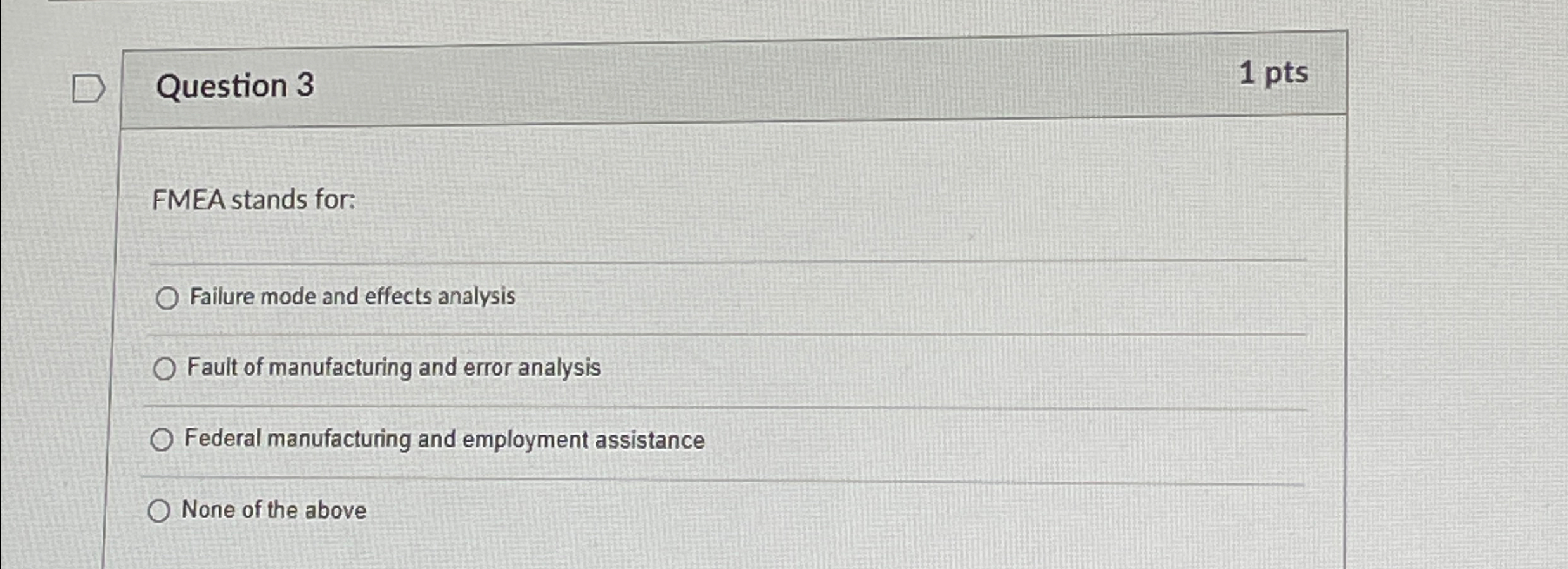 Question 3 1 p t s FMEA stands for: Failure mode