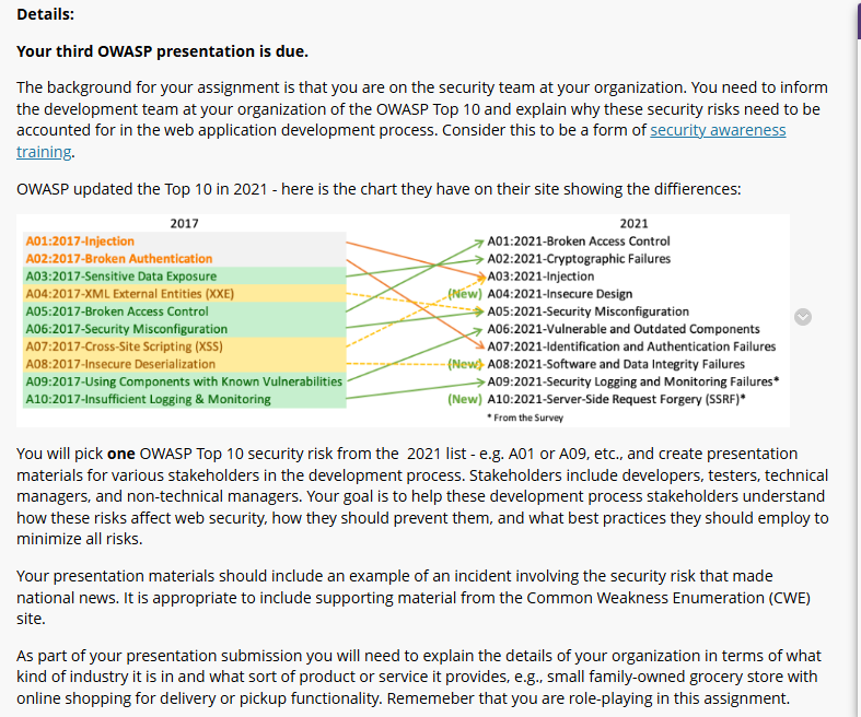 Details: Your third OWASP presentation is due.