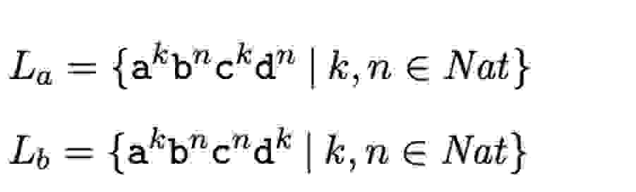 L a = { a k b n c k d n | k , ninNat } L b = { a