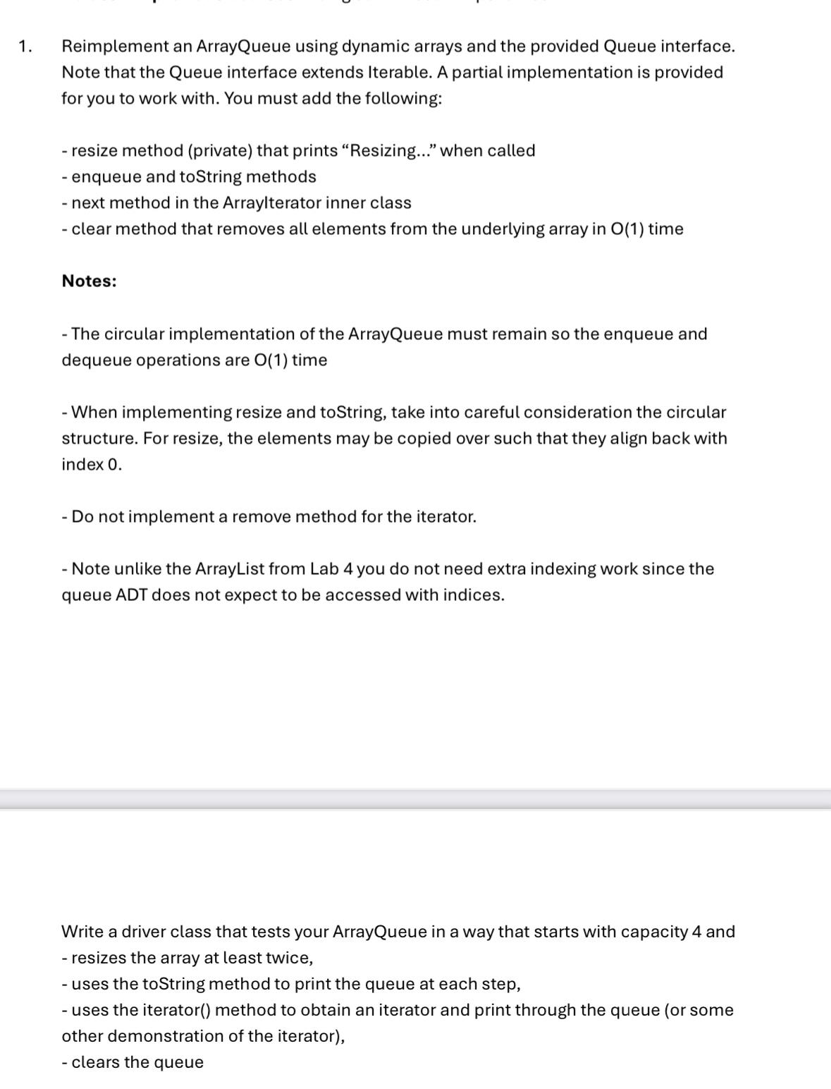 Reimplement an ArrayQueue using dynamic arrays