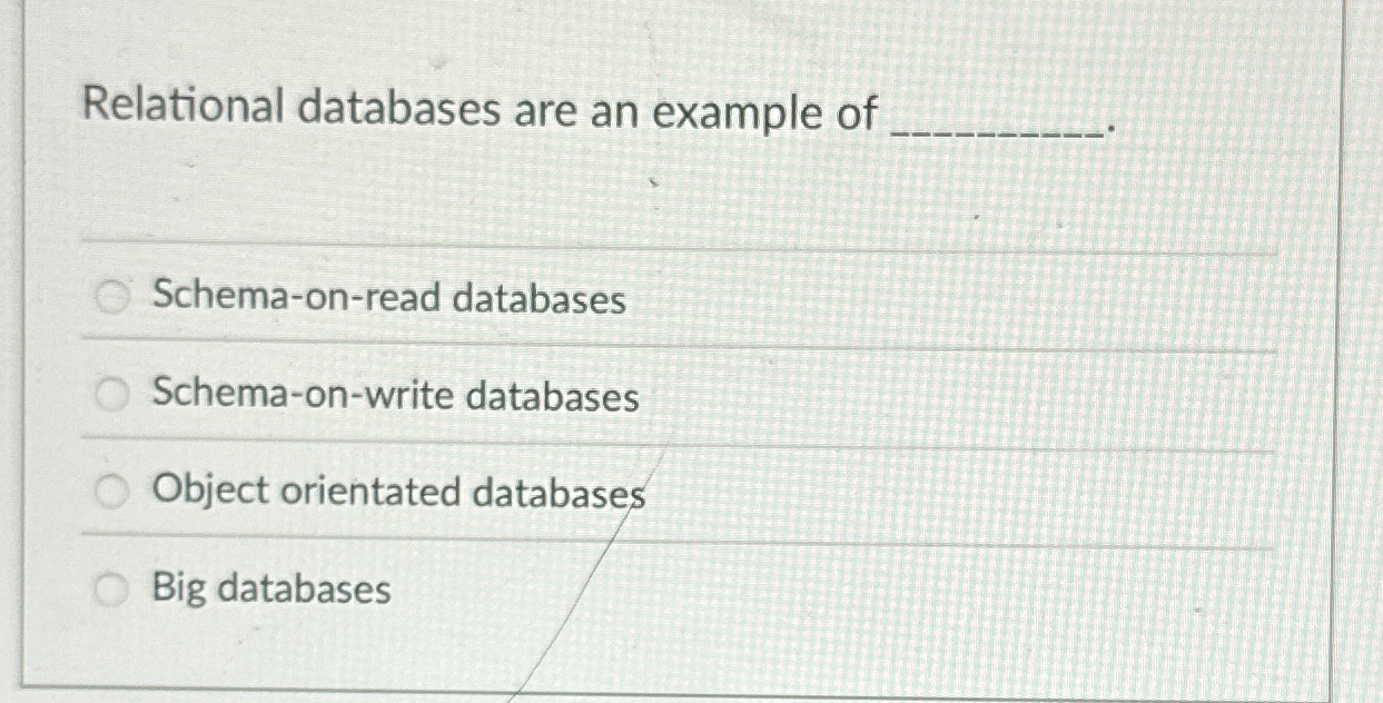 Relational databases are an example of . Schema -