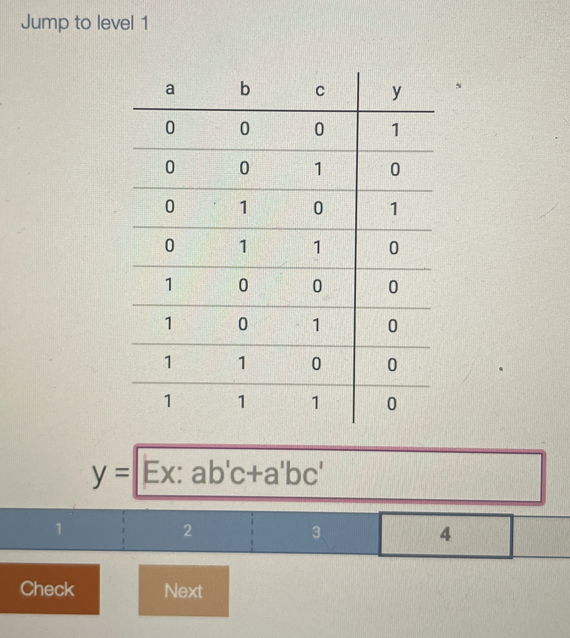 Jump to level 1 \ table [ [ a , b , c , y