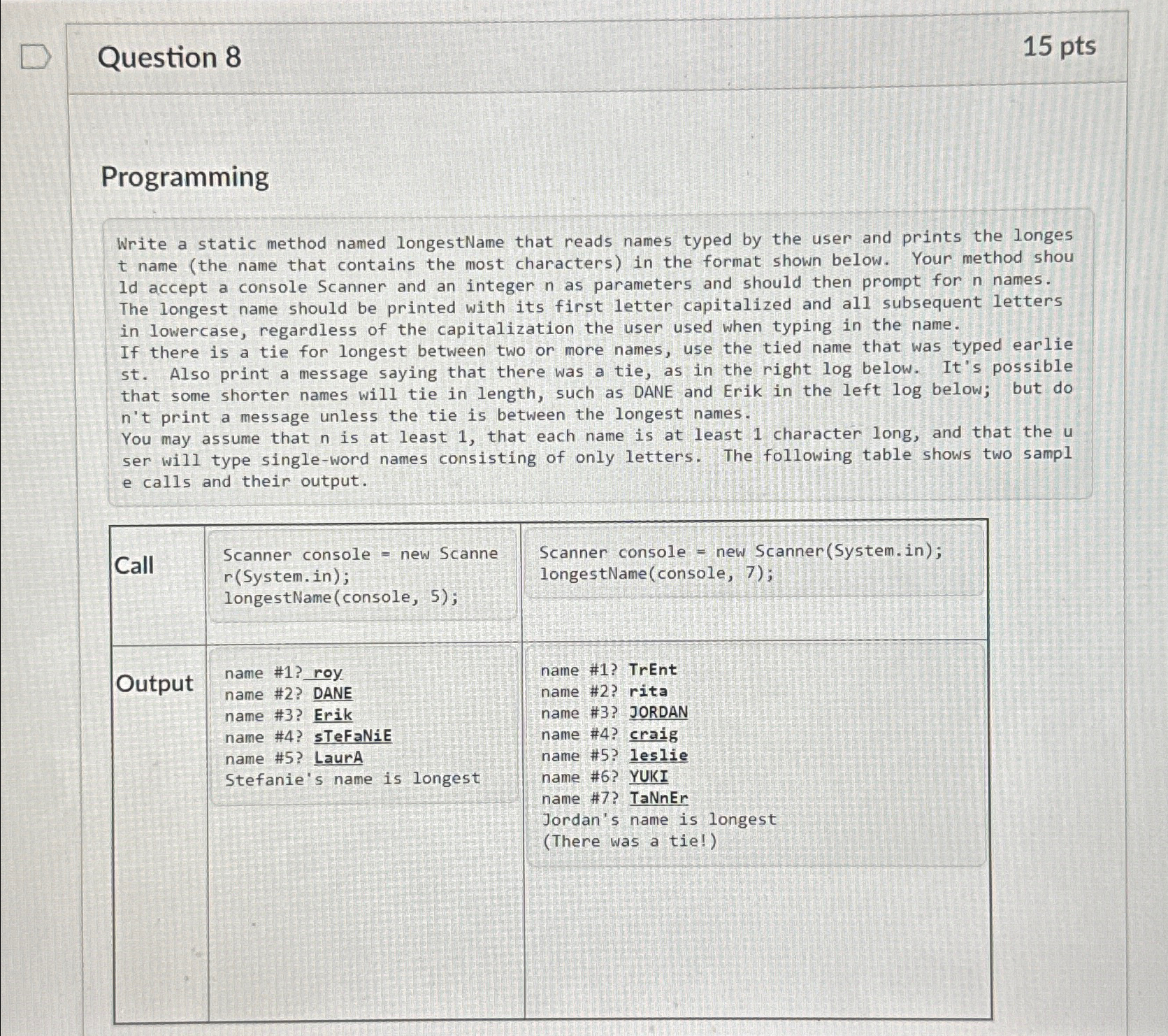 Question 8 1 5 p t s Programming Write a static