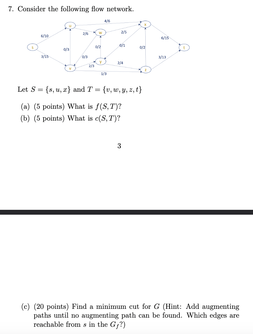 Consider the following flow network. Let S = { s