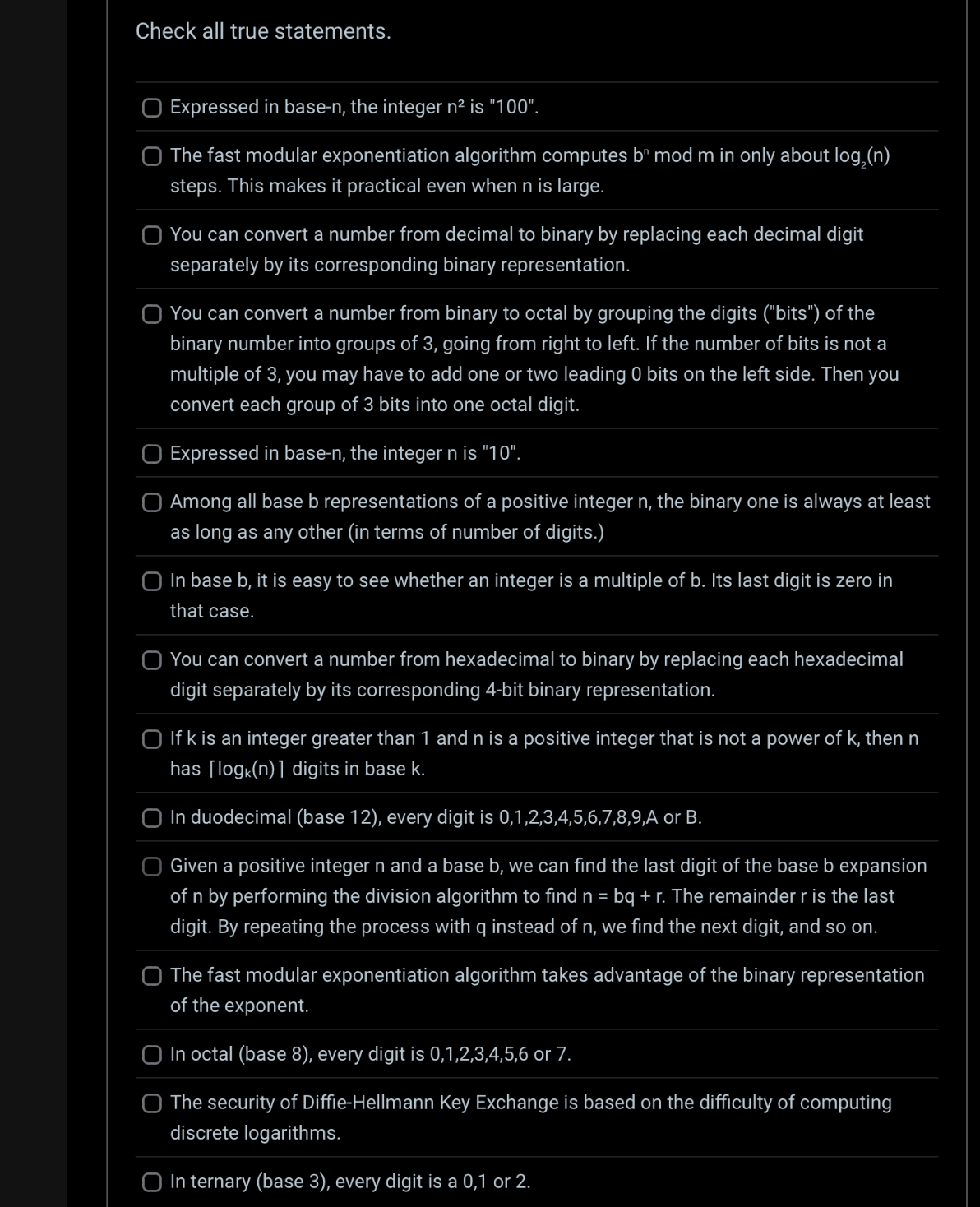 Check all true statements.Expressed in base - n ,