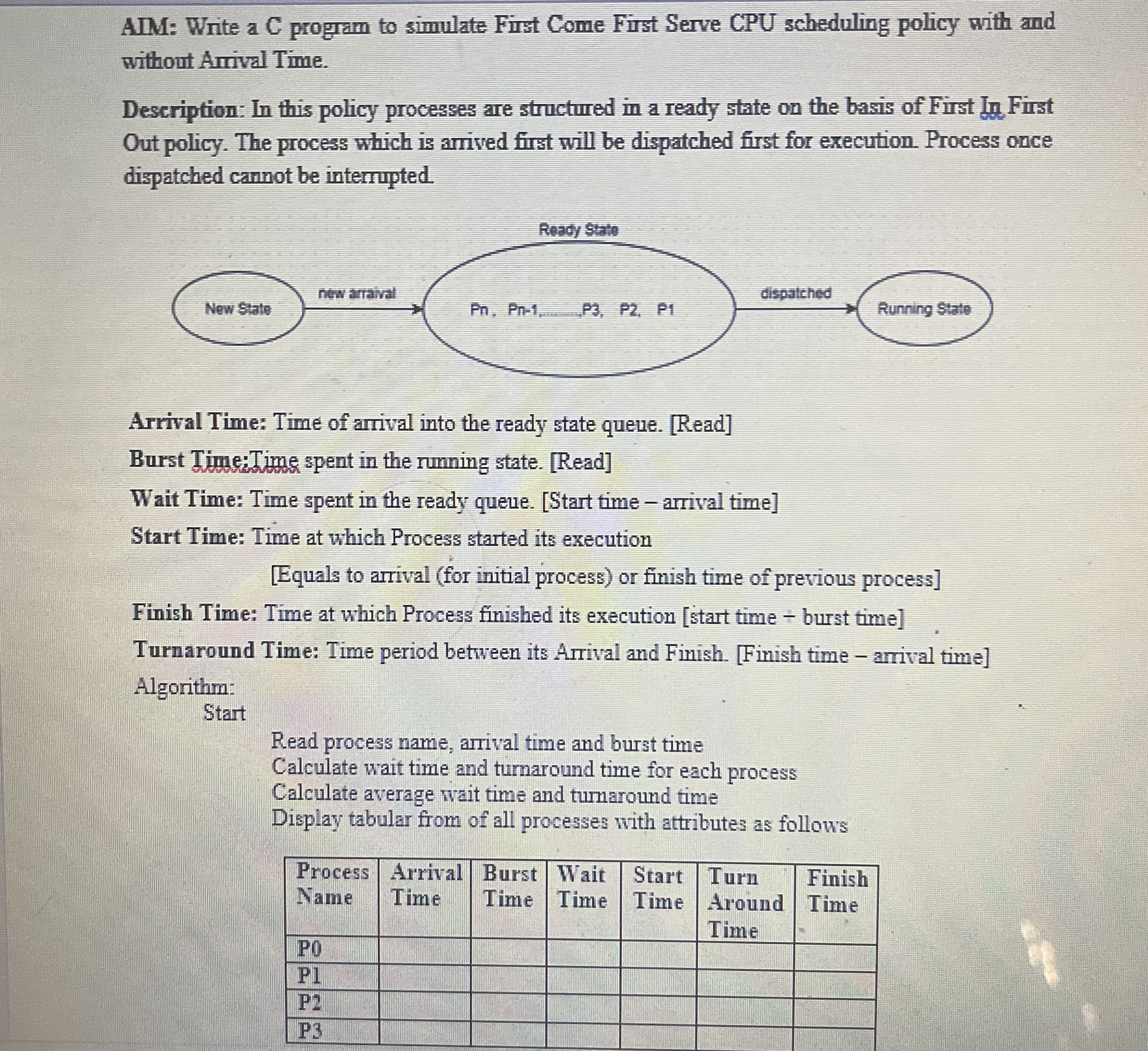 AIM: Write a C program to simulate First Come