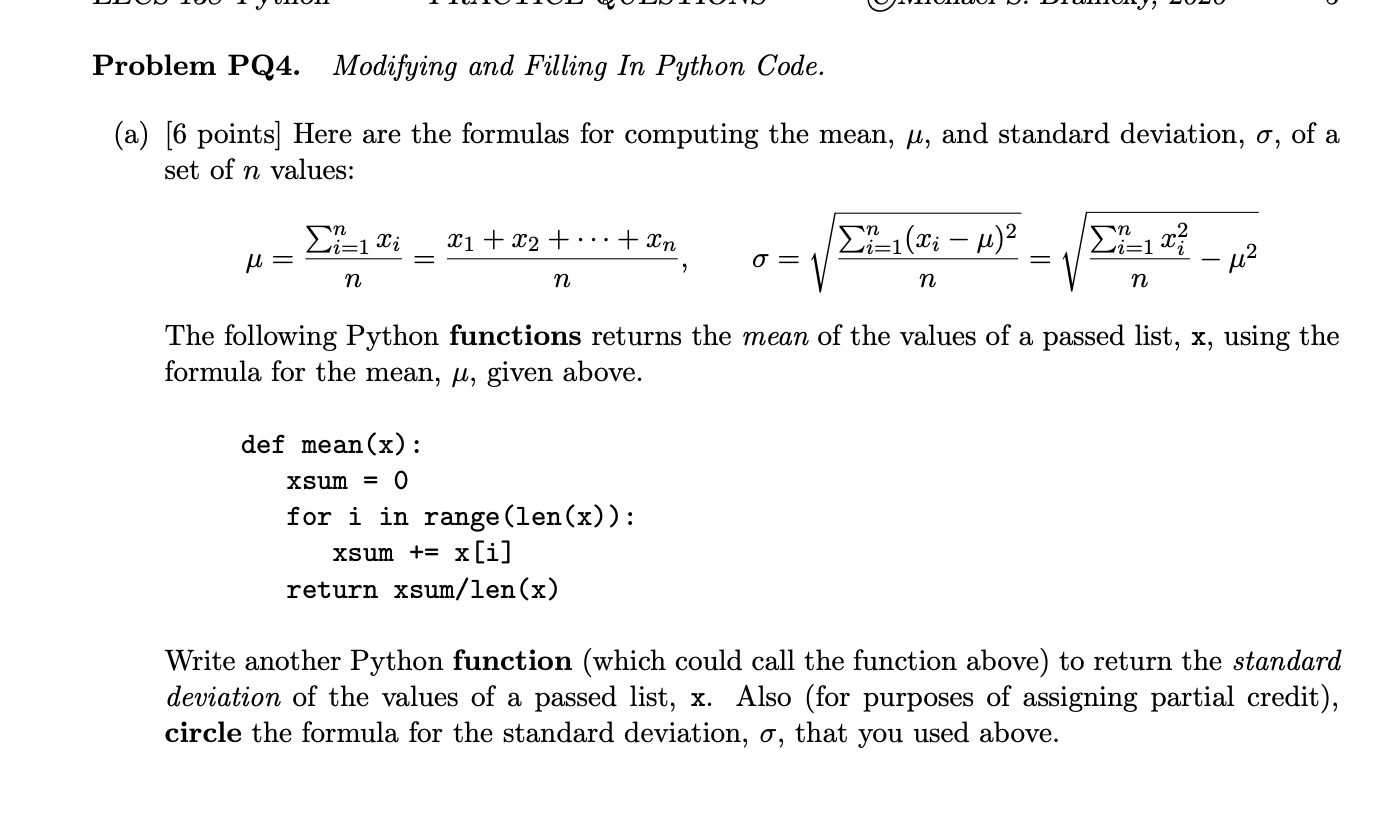 Problem PQ 4 . Modifying and Filling In Python
