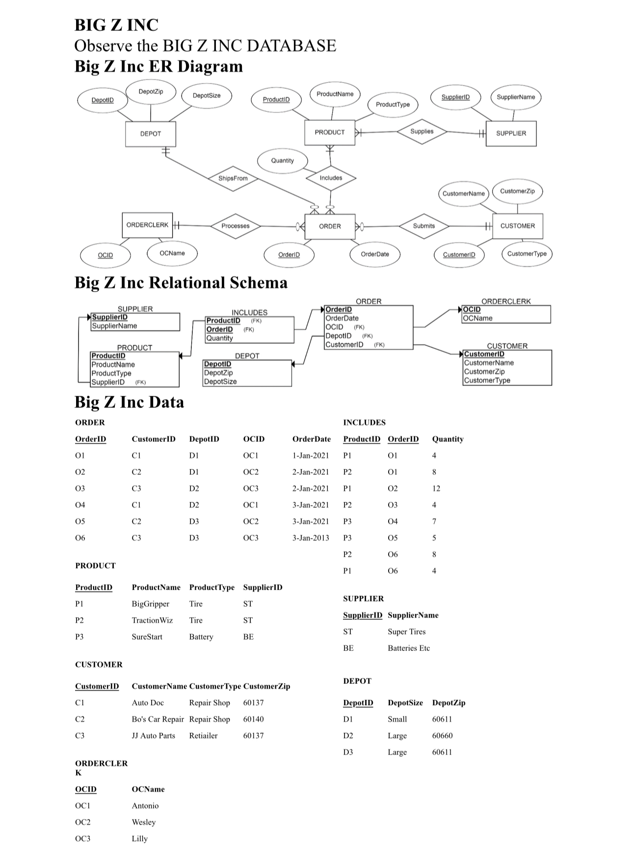 7 g ) Write an SQL query for the BIG Z INC