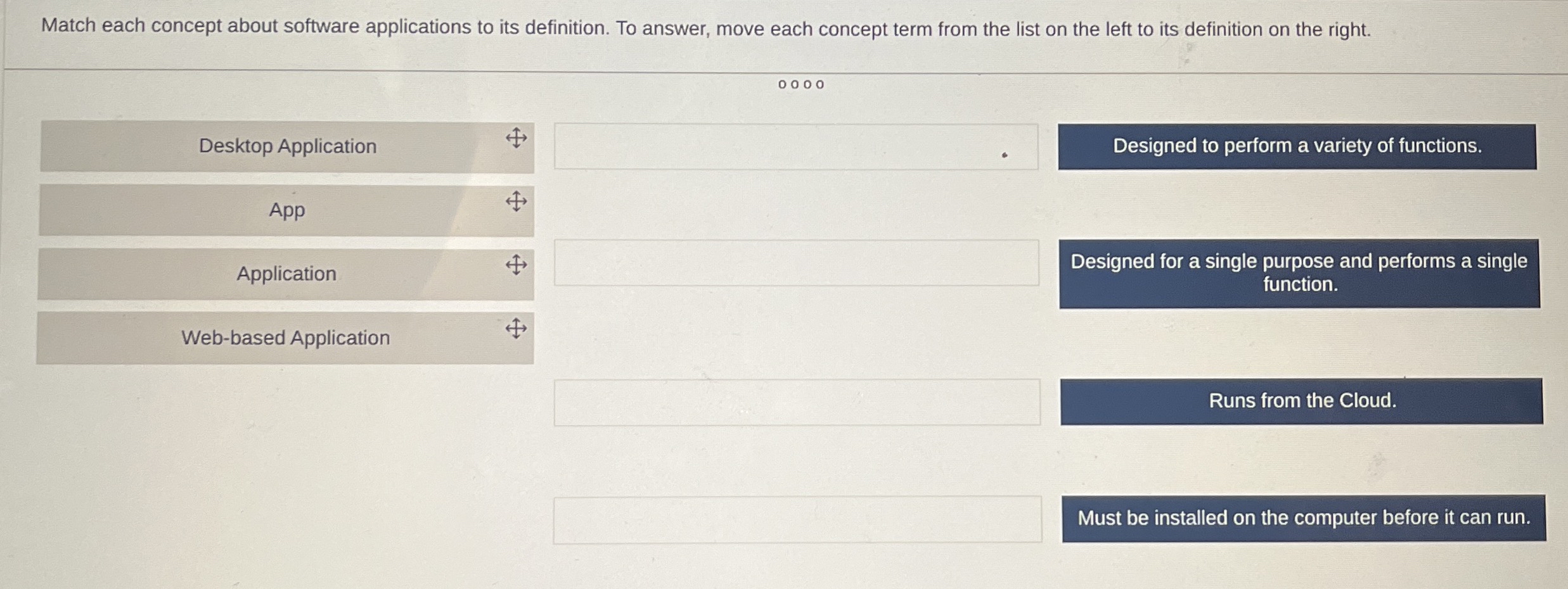 Match each concept about software applications to