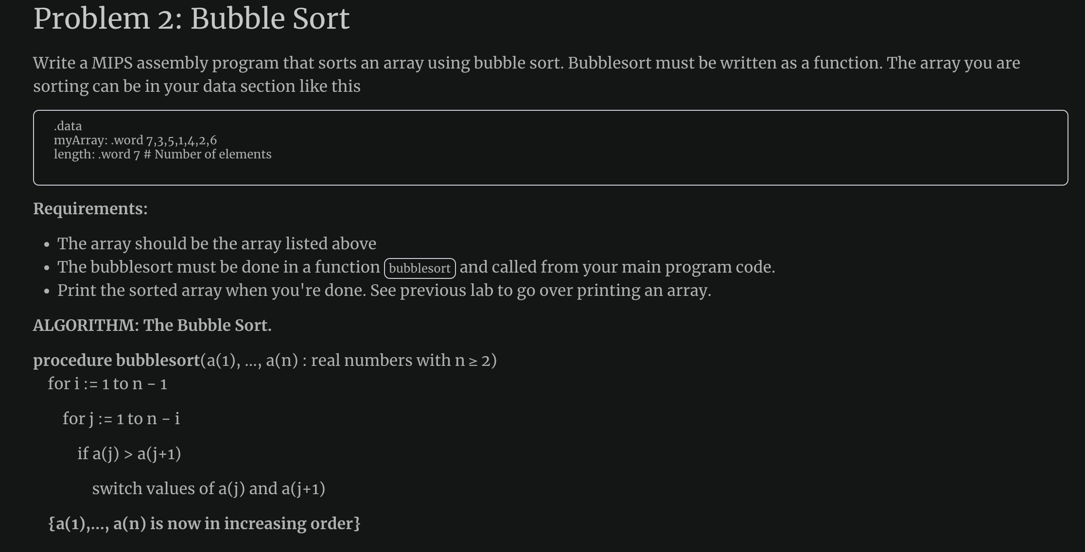 Problem 2 : Bubble Sort Write a MIPS assembly
