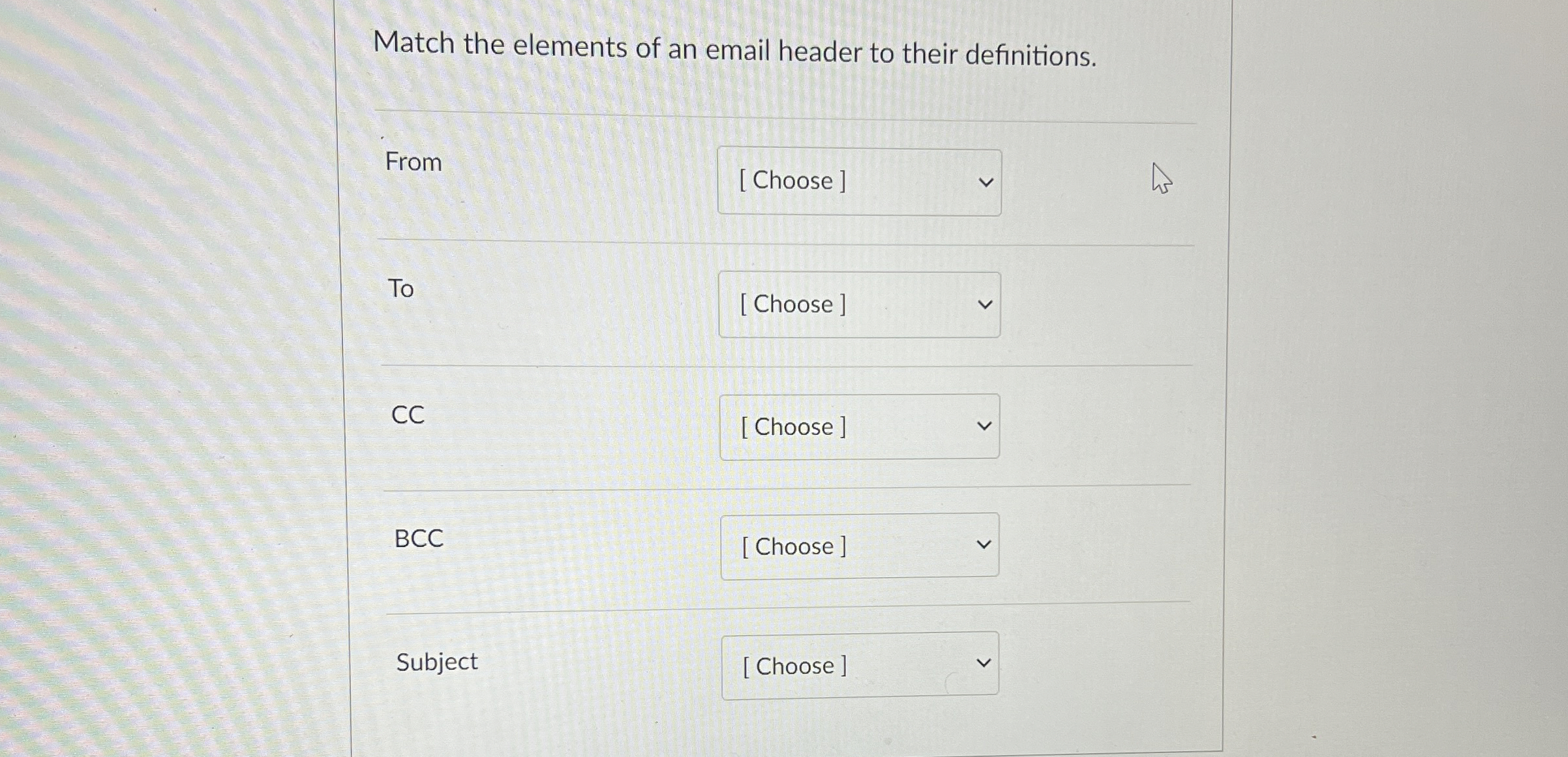 Match the elements of an email header to their