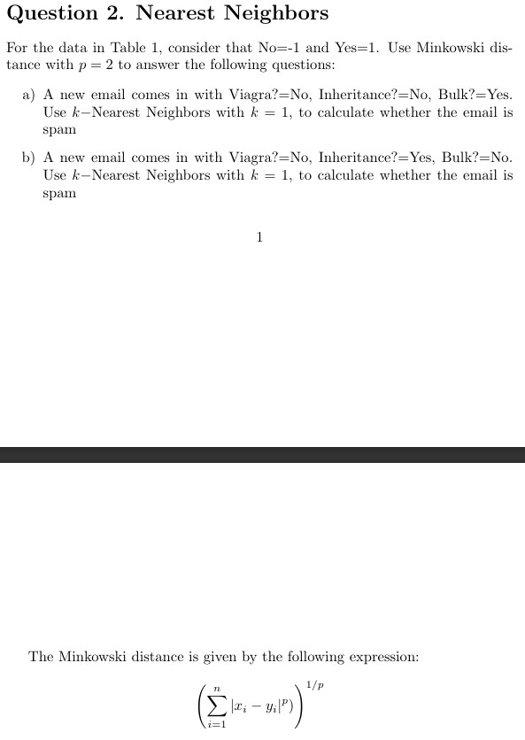 Question 2 . Nearest Neighbors For the data in