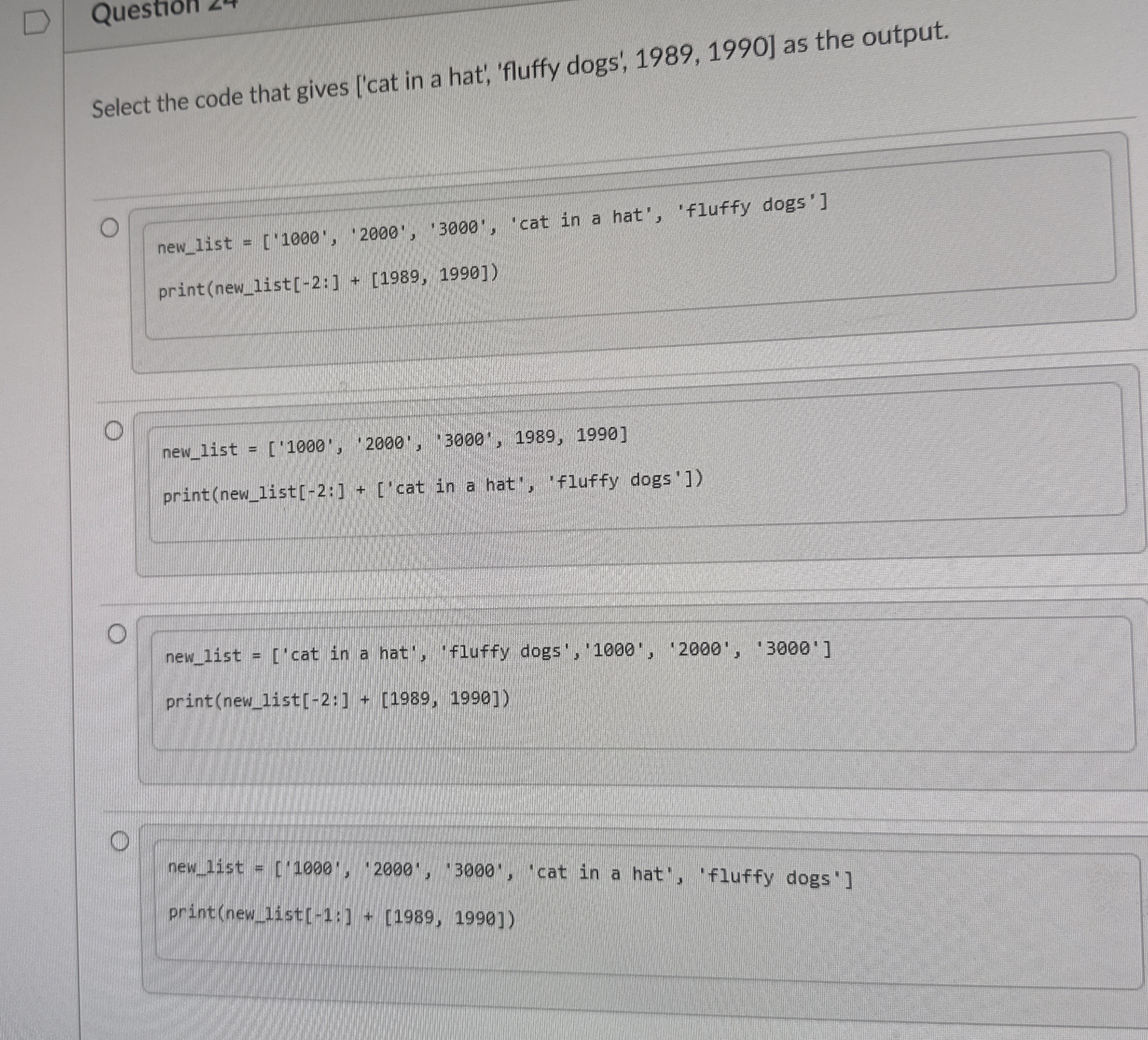 Select the code that gives [ ' cat in a hat',