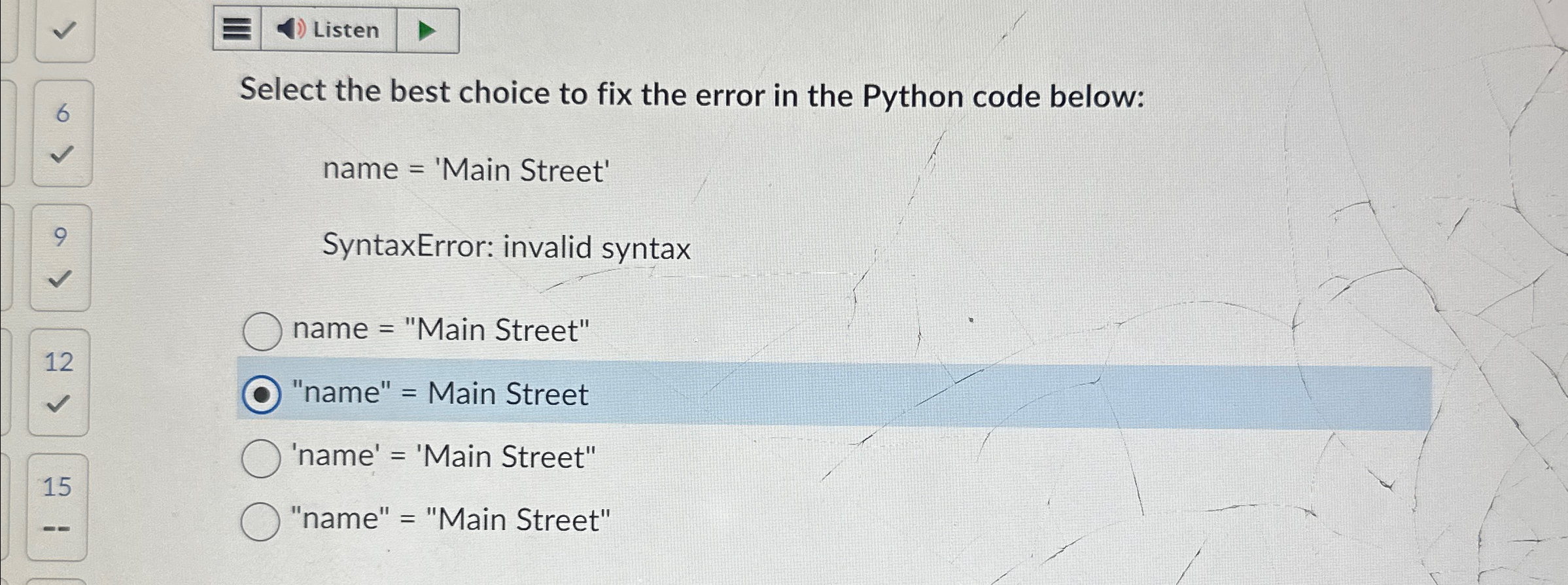 Select the best choice to fix the error in the