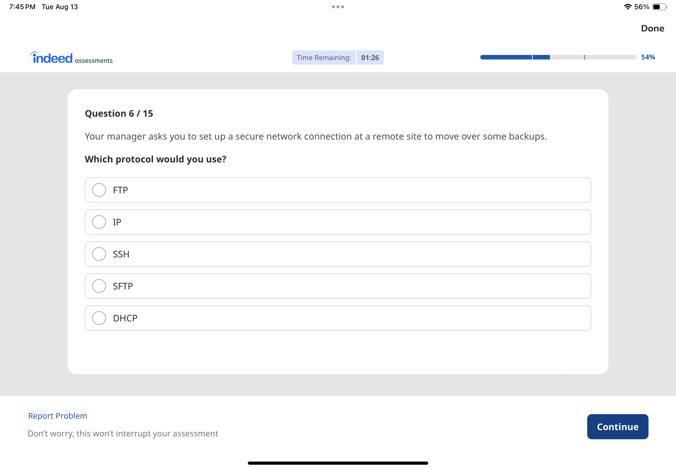7 : 4 5 PM Tue Aug 1 3 5 6 % indeed assessments 0