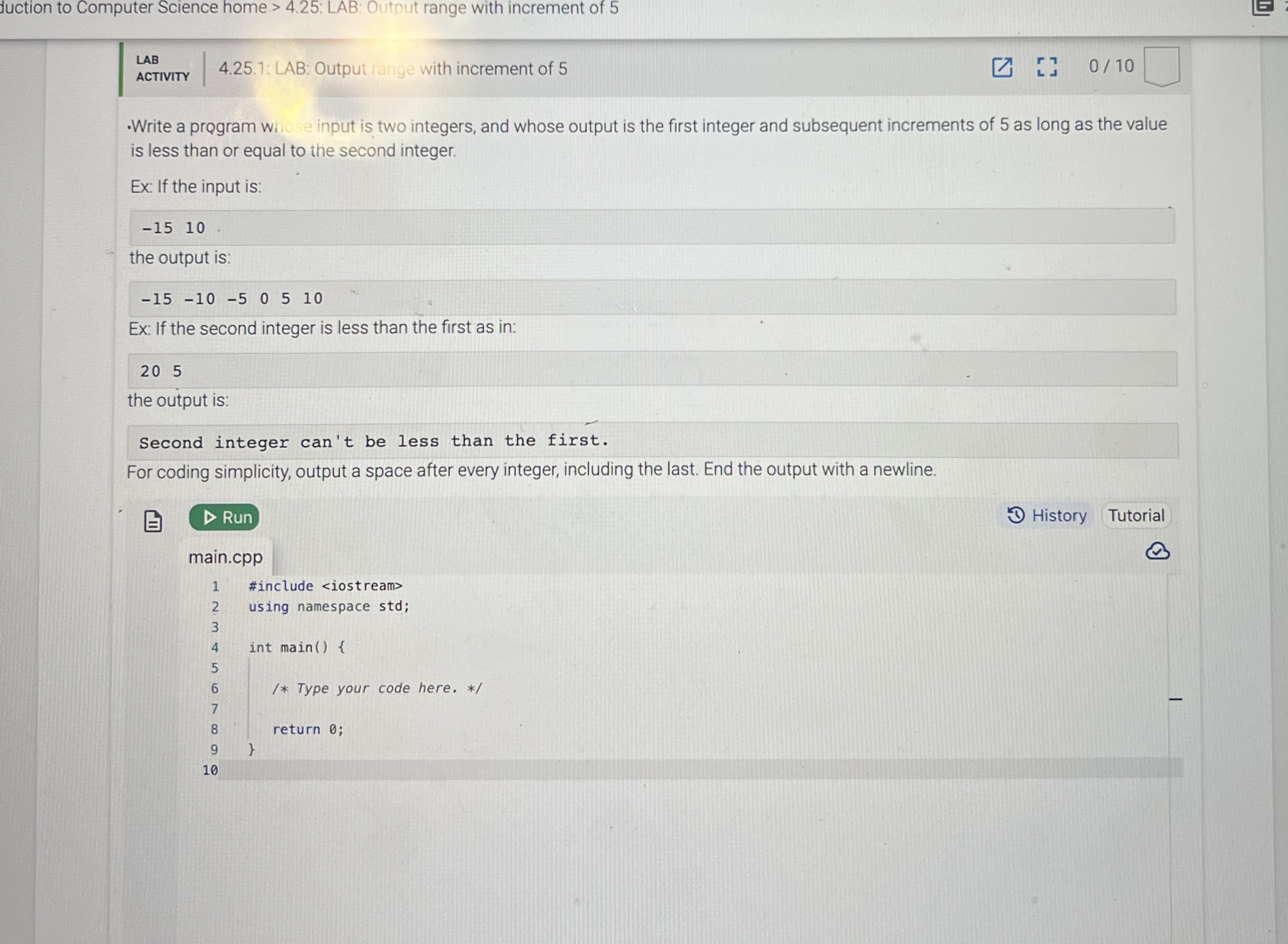 4 . 2 5 . 1 : LAB: Output range with increment of