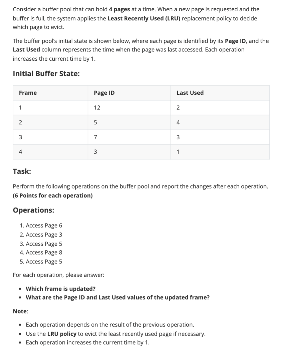 Consider a buffer pool that can hold 4 pages at a